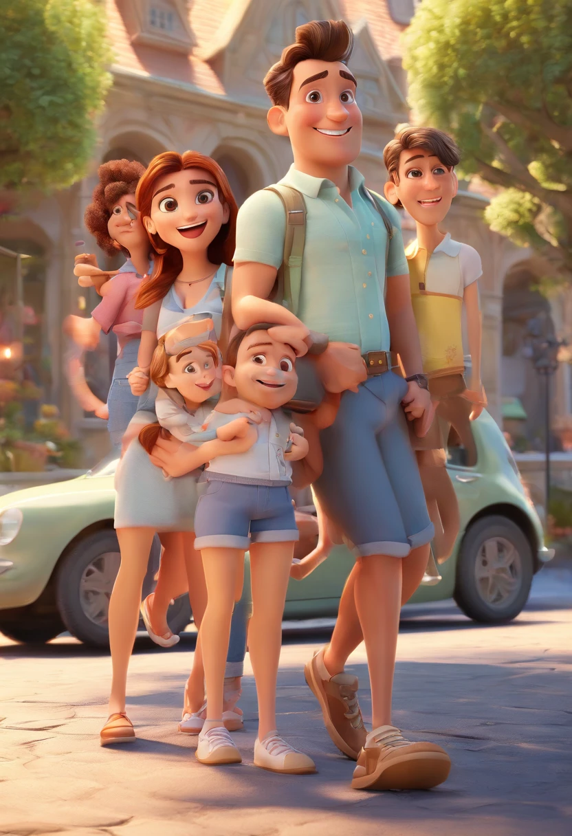 Cartoon of friends having fun on vacation together, 3D Animation Movie Poster, Poster de filme animado, pixar 3 d animation style, pixar renderman rendering, maia 8 mil, animated film, Disney Pixar Estilo 3D, amigos felizes saem juntos, all wearing light blue shirts and cream brown long pants, camisa azul clara, cream brown pants, ao ar livre, vacation, Disney Pixar Animation Poster
