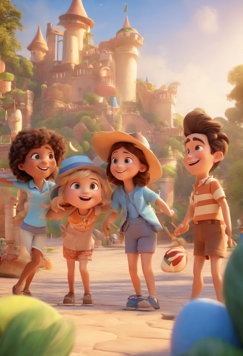 Cartoon of friends having fun on vacation together,  3D Animation Movie Poster, Poster de filme animado, pixar 3 d animation style, pixar renderman rendering, maia 8 mil, animated film, Disney Pixar Estilo 3D, amigos felizes saem juntos, all wearing light blue shirts and cream brown long pants, camisa azul clara, cream brown pants, ao ar livre, vacation, Disney Pixar Animation Poster