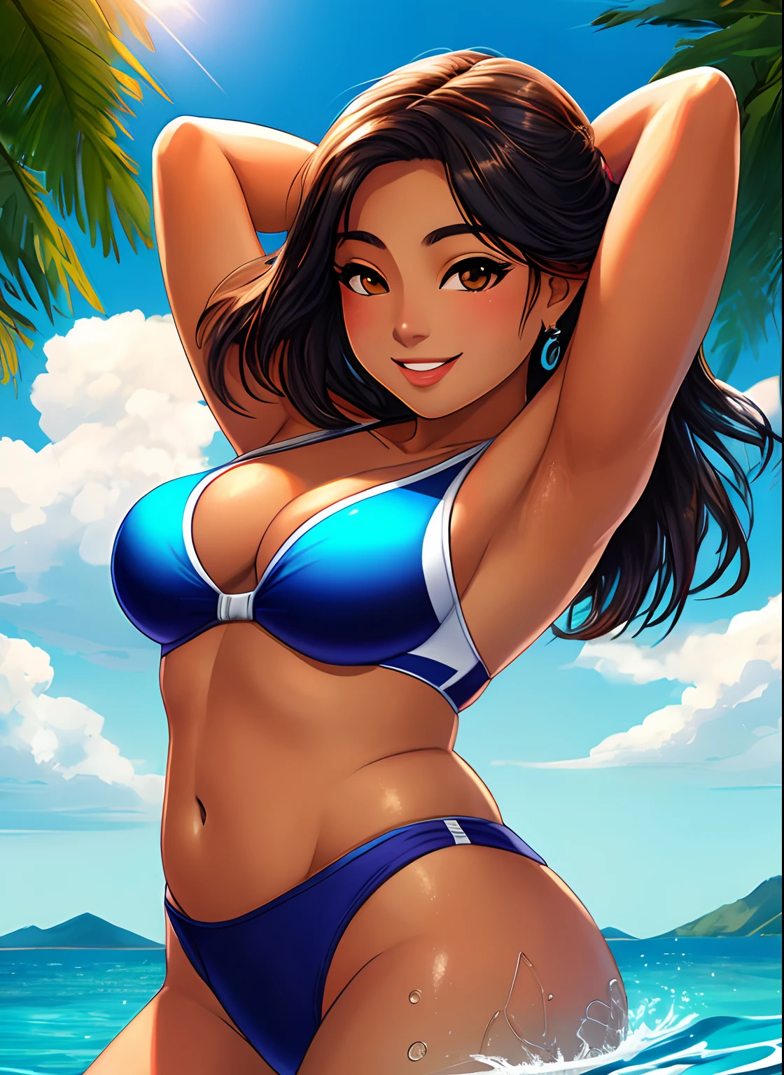 Masterpiece,best quality,high quality,ultra-realistic, Extremely detailed,vibrant colors, female, Filipino girl, teenager, sunny day, portrait, (tan skin complexion), smiling, swim suit, chest, arms, belly button