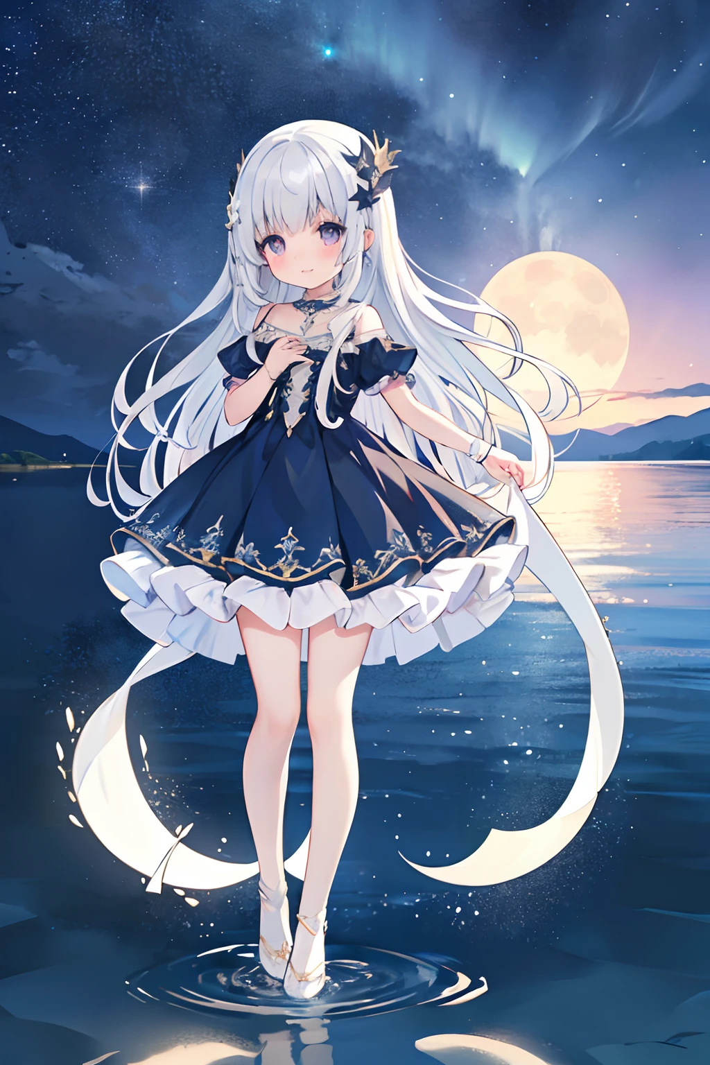 {{masterpiece,hight resolution,Best Work}},top-quality,Ultra-detailed CG Unity,((A detailed face)),8k wallpaper,lensflare, (Detailed beautiful eyes),((Chiquita,,Little Gile,Long hair with strong waves,huge smile,Playing with Frolic,Purple eyes,silber hair,Hair ornament with stars and moon,A dark blue dress that reflects the starry sky,Big White Moon,((Standing on the surface of the water and playing cheerfully)),Majestic starry sky,Aurora,The surface of the lake reflecting the starry sky,Starry water surface,((full body Esbian:1.5),超A high resolution,