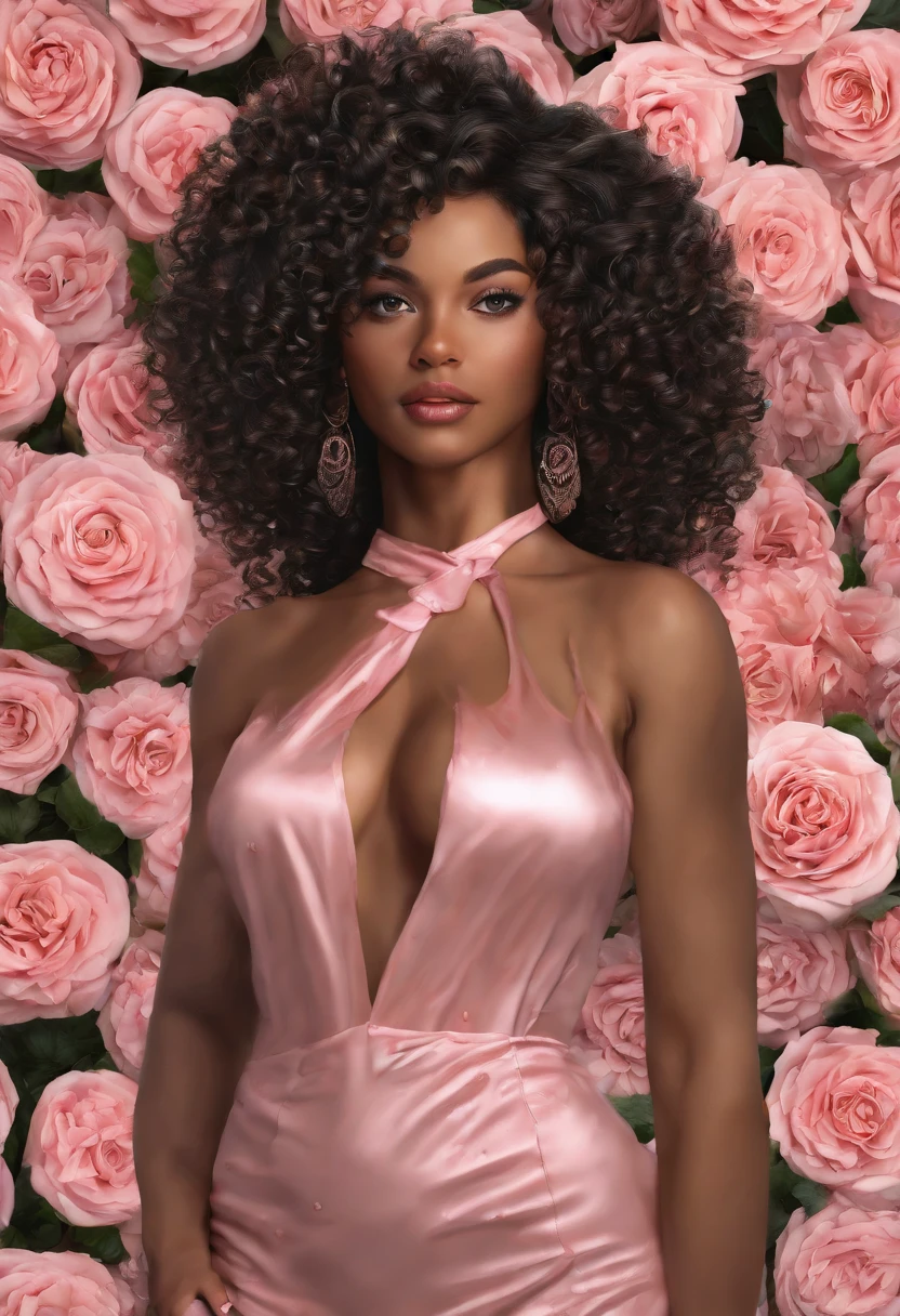 A beautiful and amazing black Brazilian woman, portrait of entire body, long legs, Wraparound Top - Salmon Pink, in a feild vineyard , large breasts, pointed , Free curls, Black curly hair, (dark shorter curly hair), Wild black long curly hair, multiversal hair, Brazilian, Short black curly hair, Curly black hair, Curls, wavy hair spread out, Baroque curls, curlies, curly, Fair curly hair, Hair texture, curly bang