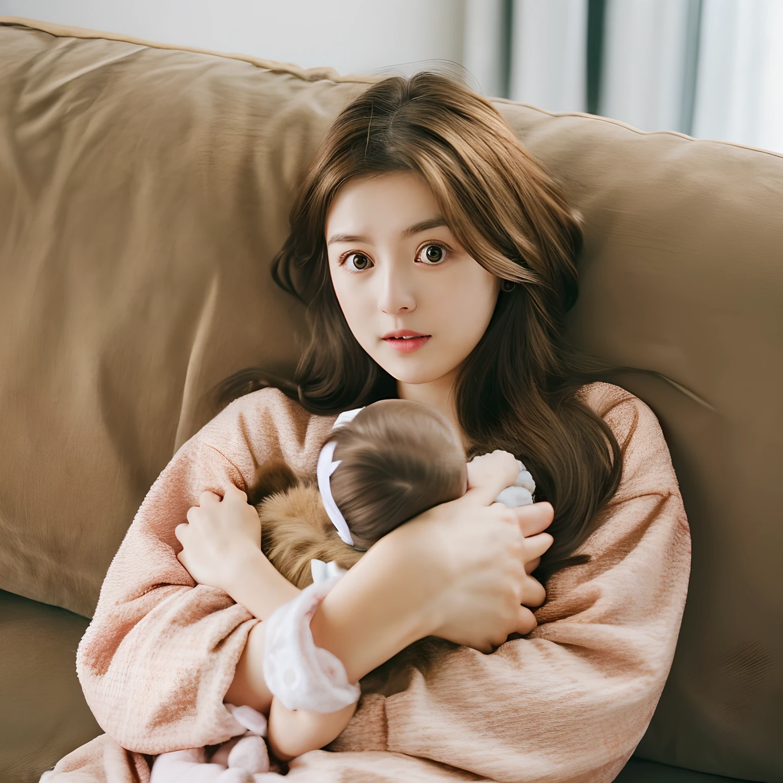 A woman in her 20s lying on the sofa and staring at her with thick eyes。Holding a baby。Brown hair on long hair。european features。s Pajamas。realisitic
