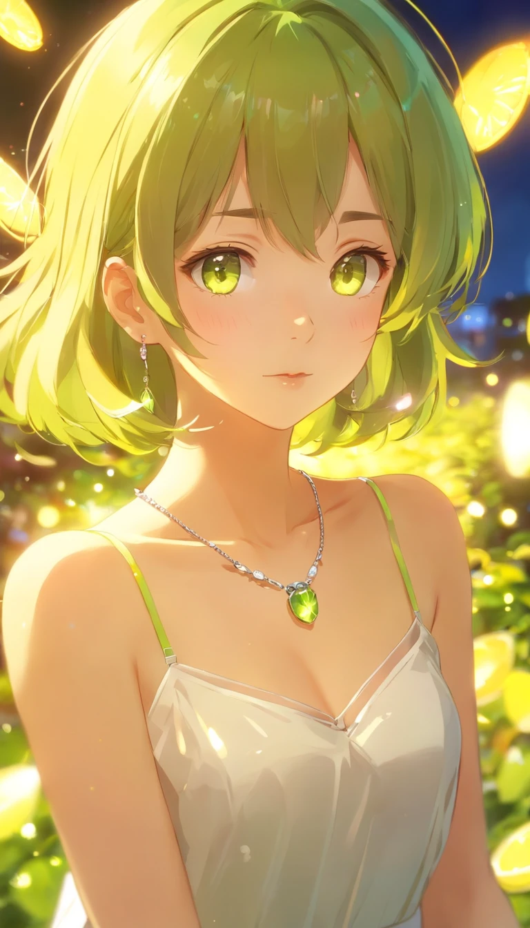 Lime yellow, Platinum Earrings, Platinum Necklace, White Dress, 1girl in, Cute, (Dynamic lighting:1.2), Cinematic lighting, Delicate facial features, Detailed eyes, Sharp pupils, Realistic pupils, depth of fields, Bokeh, Sharp Focus, (ultra-detailliert, bloom, Glow:1.4), Many Small Gems