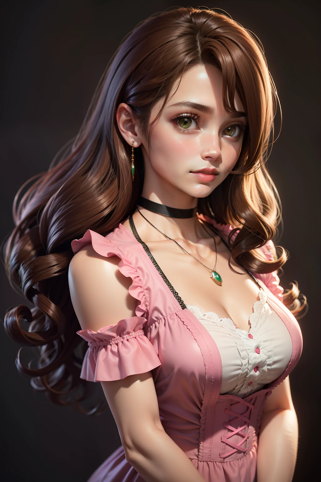 masterpiece, best quality,3d rending work ,3DMM style,close-up,portrait, 3D,1girl, solo, brown hair, string necklace, looking to the side, realistic, upper body, simple background, bangs, looking away, long black hair, parted lips, choker, makeup, long brown curly hair, green eyes, pink dress, cleavage, aerith gainsborough, aerith