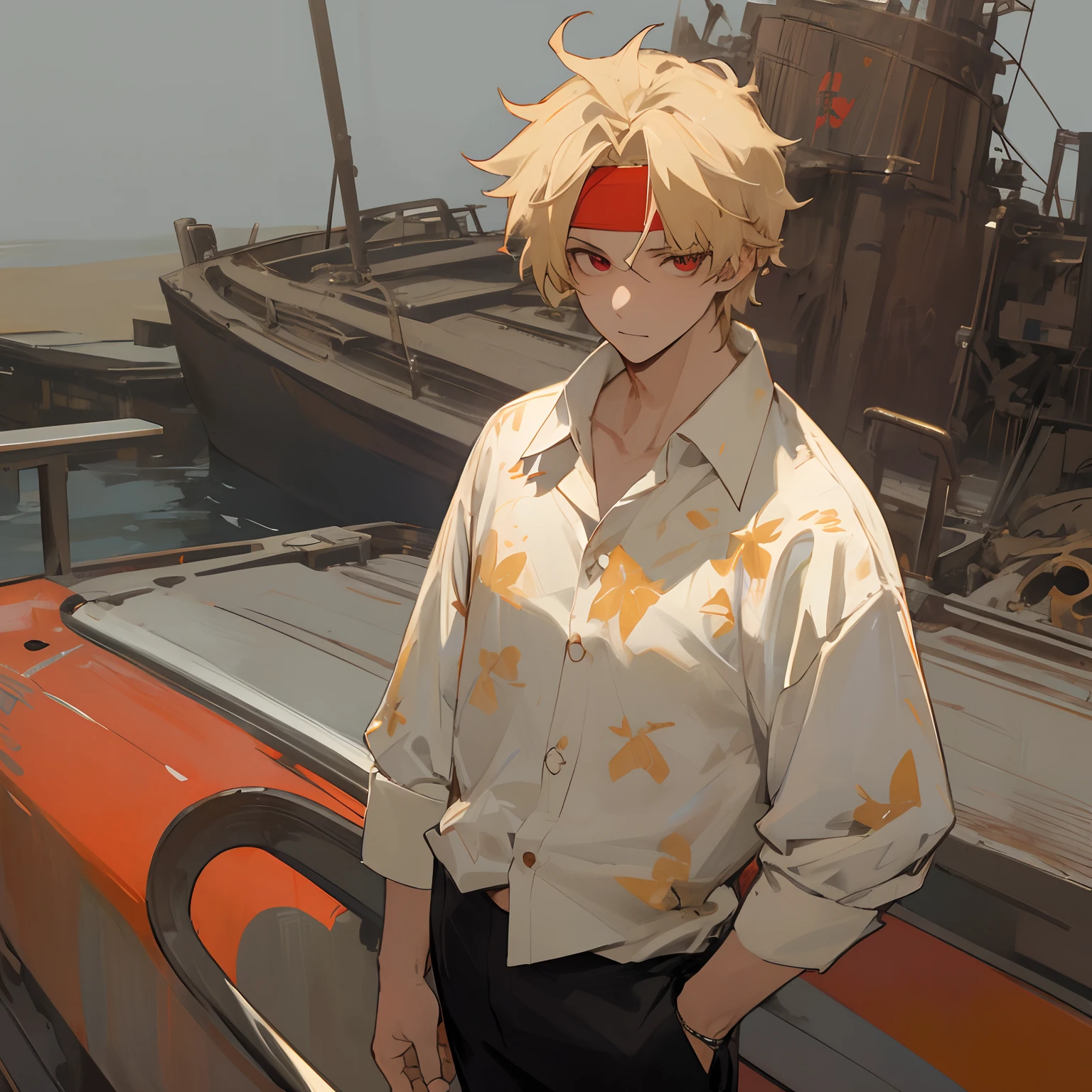 Blonde hair , red eyes , headband tied to the side , Hawaiian Shirt with a white shirt underneath , black pants , port background , golden earring , 1male , messy hair , detailed background , standing infront of boat