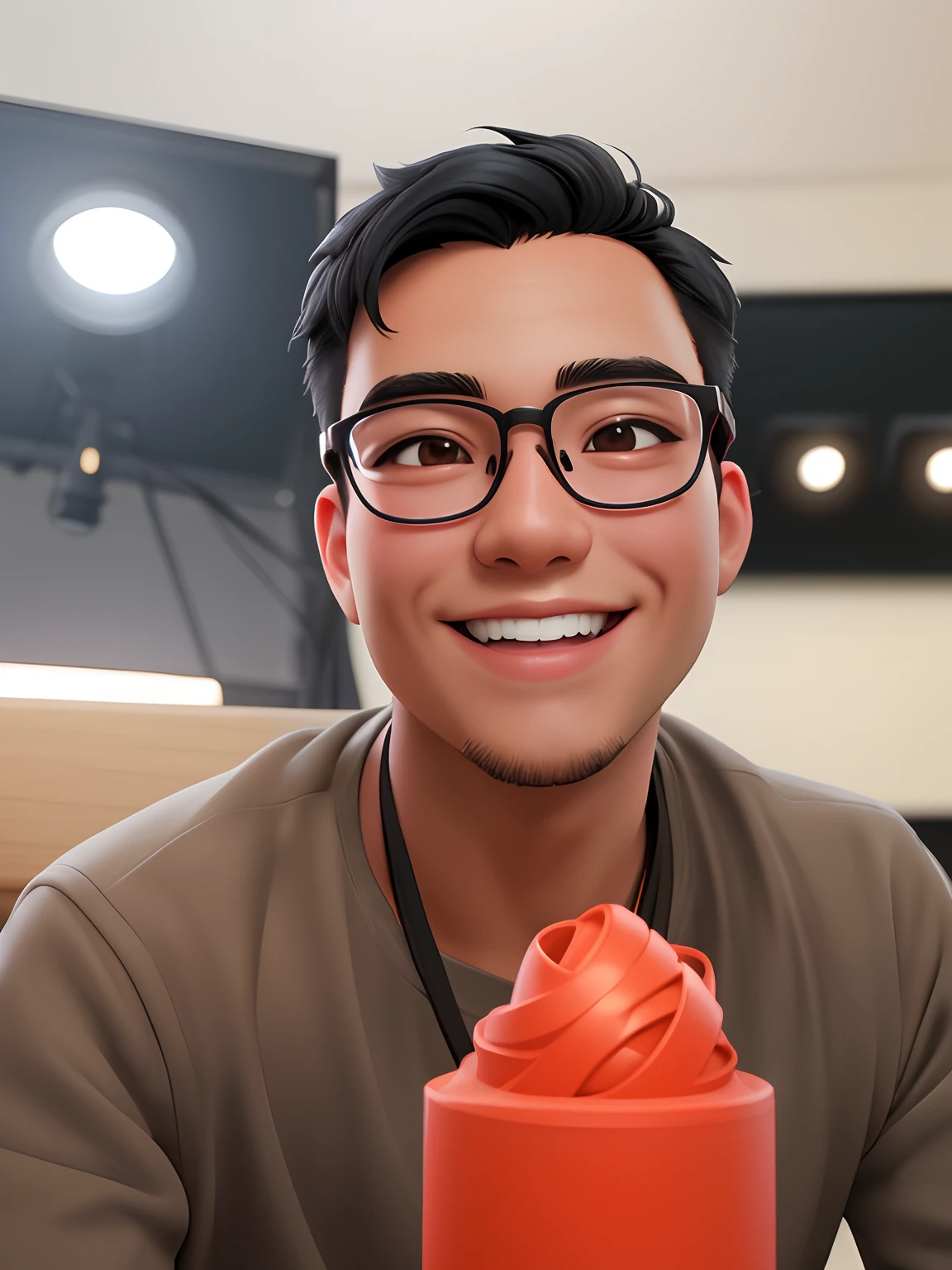 Masterpiece, best quality, Perfect anime illustration, 1 boy, male, dark skin, close up, smile, very short black hair, light particle, thin metal glasses, volumetric lighting, Canon EOS-1D X Mark III f/2.8, studio lighting