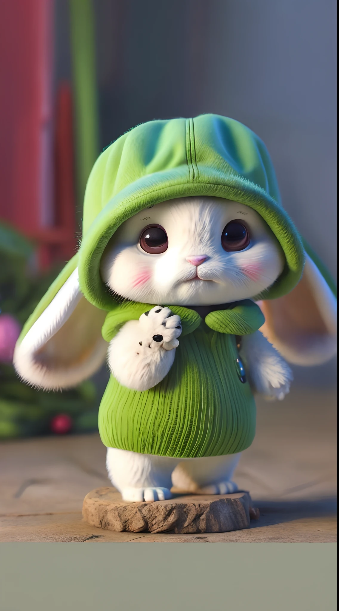 A rabbit、realisticlying、adolable、Furry animals、Be red in the face、morango、cherrie、book,food、the fruits、full bodyesbian、Green hat、Green clothes