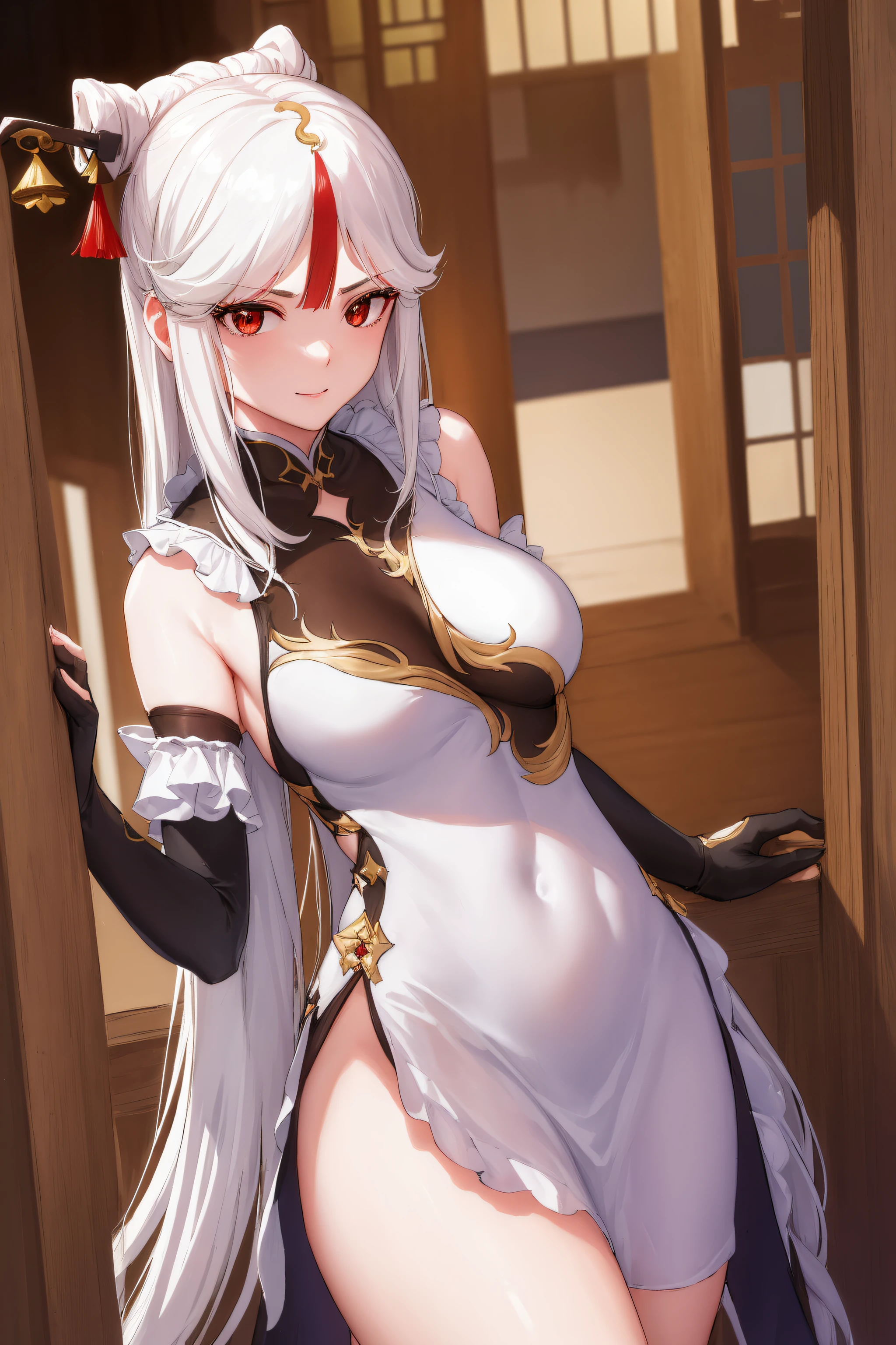 1women,milf,ningguang, ningguang, grey hair, hair ornament, hairpin, long hair, parted bangs, (red eyes:1.5), sidelocks, streaked hair, red hair, smile,medium breast,
BREAK bare shoulders, black gloves, chinese clothes, claw ring, detached sleeves, dress, elbow gloves, frilled sleeves, frills, fur collar, gloves, jewelry, pelvic curtain, sleeveless, sleeveless dress, white dress,
BREAK looking at viewer, full body, (cowboy shot:1.5),hand on hip, angry, pov, 
BREAK indoors,
BREAK (masterpiece:1.2), best quality, high resolution, unity 8k wallpaper,NSFW ,(illustration:0.8), (beautiful detailed eyes:1.6), extremely detailed face, perfect lighting, extremely detailed CG, (perfect hands, perfect anatomy),