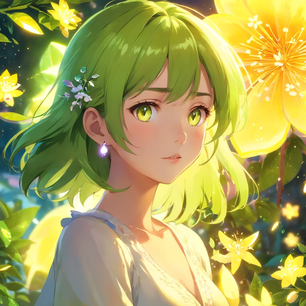 Lime yellow, Platinum Earrings, Platinum Necklace, White Dress, 1girl in, Cute, (Dynamic lighting:1.2), Cinematic lighting, Delicate facial features, Detailed eyes, Sharp pupils, Realistic pupils, depth of fields, Bokeh, Sharp Focus, (ultra-detailliert, bloom, Glow:1.4), Many Small Gems