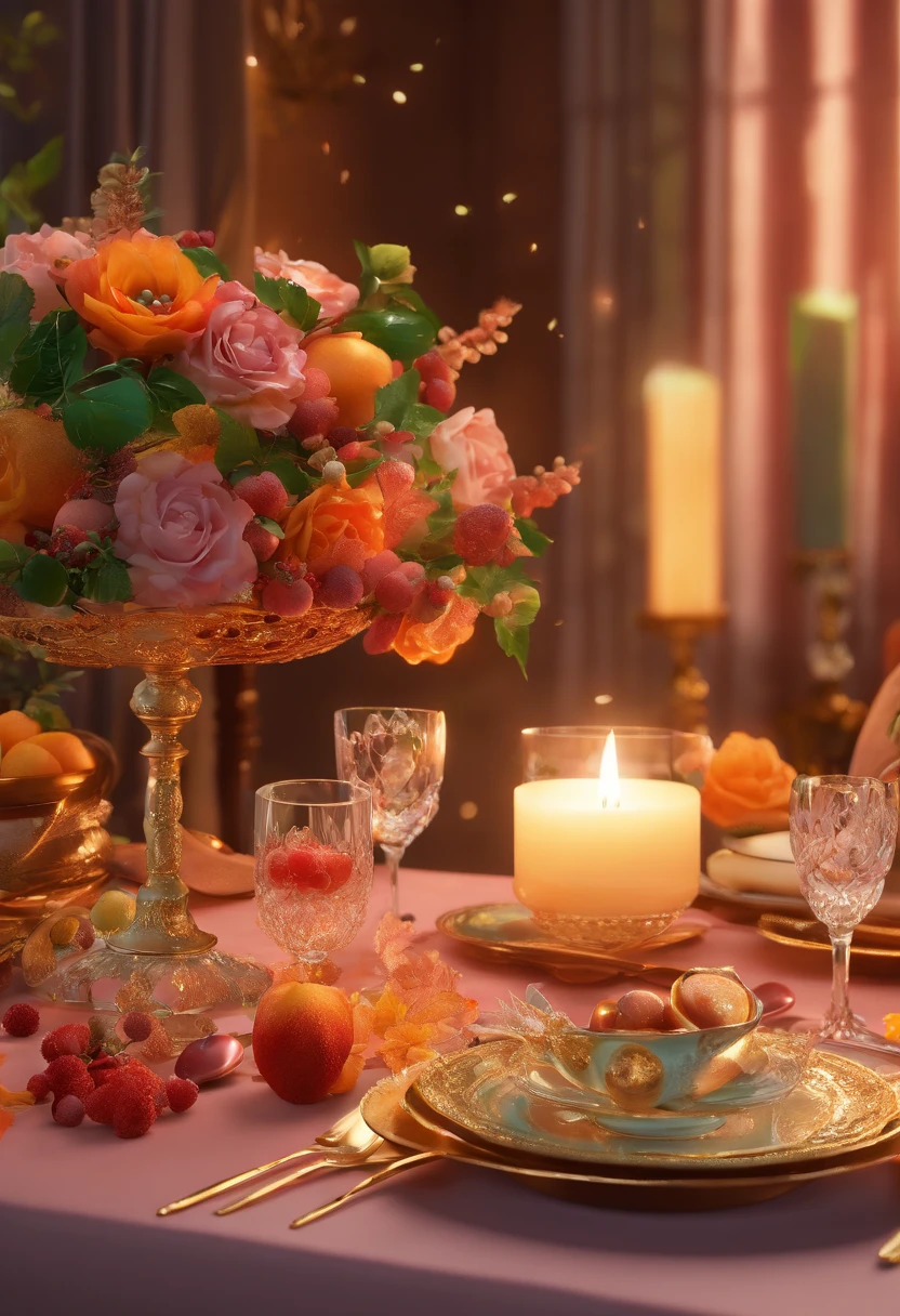 (Best quality,4K,8K,A high resolution,Masterpiece:1.2),Ultra-detailed,Surprisingly beautiful table set,Delicate flower arrangement,Natural lighting,Golden candlelight,Soft and warm color palette,Inviting atmosphere,Homely,Simple and elegant,Harmonious composition,Meticulous attention to detail,subtletextures,Tastefully furnished,Translucent glassware,Delicious fresh fruit,Crystal clear water droplets on the fruit,Crispy and juicy,Refreshing,Lovely floral scent and fruit,Exquisite porcelain dinner plate,Smooth and glossy surface,Vintage silverware,Exquisite and gorgeous design,Romantic and cozy atmosphere,Relaxing and comfortable,serenity and calm,Healthy and inviting,Elegant pleats and curtains,Rich brown color,Subtle shadows and highlights,Soft natural lighting,Soothing and peaceful atmosphere,A central ornament made of brightly colored seasonal flowers,Delicate buds and flowers,a faint fragrance in the air,The petals are beautifully arranged,Soft and natural texture,A warm and inviting color palette,Authentic and rustic elements,Crimson wine,Crystal clear wine glasses,Bubbles that surface,Candlelight reflection,glittery,Cleavage is seductive,Green leaves and green leaves,Add a touch of freshness and nature,Lovely contrast between greenery and fruit,Symbolizes abundance and vitality,A feast for the senses.in a panoramic view,deep colour