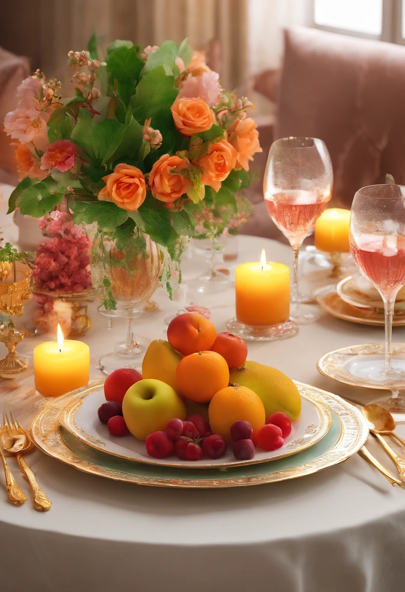(Best quality,4K,8K,A high resolution,Masterpiece:1.2),Ultra-detailed,Surprisingly beautiful table set,Delicate flower arrangement,Natural lighting,Golden candlelight,Soft and warm color palette,Inviting atmosphere,Homely,Simple and elegant,Harmonious composition,Meticulous attention to detail,subtletextures,Tastefully furnished,Translucent glassware,Delicious fresh fruit,Crystal clear water droplets on the fruit,Crispy and juicy,Refreshing,Lovely floral scent and fruit,Exquisite porcelain dinner plate,Smooth and glossy surface,Vintage silverware,Exquisite and gorgeous design,Romantic and cozy atmosphere,Relaxing and comfortable,serenity and calm,Healthy and inviting,Elegant pleats and curtains,Rich brown color,Subtle shadows and highlights,Soft natural lighting,Soothing and peaceful atmosphere,A central ornament made of brightly colored seasonal flowers,Delicate buds and flowers,a faint fragrance in the air,The petals are beautifully arranged,Soft and natural texture,A warm and inviting color palette,Authentic and rustic elements,Crimson wine，Crystal clear wine glasses,Bubbles that surface,Candlelight reflection,glittery，Cleavage is seductive,Green leaves and green leaves,Add a touch of freshness and nature,Lovely contrast between greenery and fruit,Symbolizes abundance and vitality,A feast for the senses.in a panoramic view，deep colour