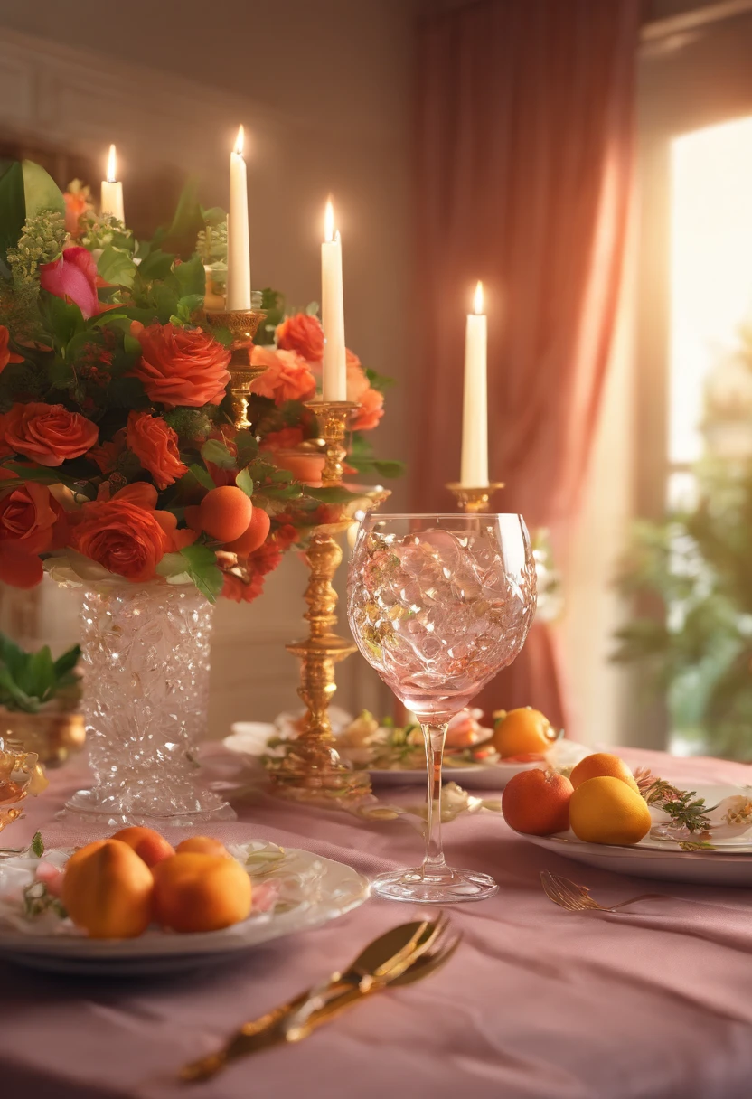 (Best quality,4K,8K,A high resolution,Masterpiece:1.2),Ultra-detailed,Surprisingly beautiful table set,Delicate flower arrangement,Natural lighting,Golden candlelight,Soft and warm color palette,Inviting atmosphere,Homely,Simple and elegant,Harmonious composition,Meticulous attention to detail,subtletextures,Tastefully furnished,Translucent glassware,Delicious fresh fruit,Crystal clear water droplets on the fruit,Crispy and juicy,Refreshing,Lovely floral scent and fruit,Exquisite porcelain dinner plate,Smooth and glossy surface,Vintage silverware,Exquisite and gorgeous design,Romantic and cozy atmosphere,Relaxing and comfortable,serenity and calm,Healthy and inviting,Elegant pleats and curtains,Rich brown color,Subtle shadows and highlights,Soft natural lighting,Soothing and peaceful atmosphere,A central ornament made of brightly colored seasonal flowers,Delicate buds and flowers,a faint fragrance in the air,The petals are beautifully arranged,Soft and natural texture,A warm and inviting color palette,Authentic and rustic elements,Crimson wine，Crystal clear wine glasses,Bubbles that surface,Candlelight reflection,glittery，Cleavage is seductive,Green leaves and green leaves,Add a touch of freshness and nature,Lovely contrast between greenery and fruit,Symbolizes abundance and vitality,A feast for the senses.in a panoramic view，deep colour