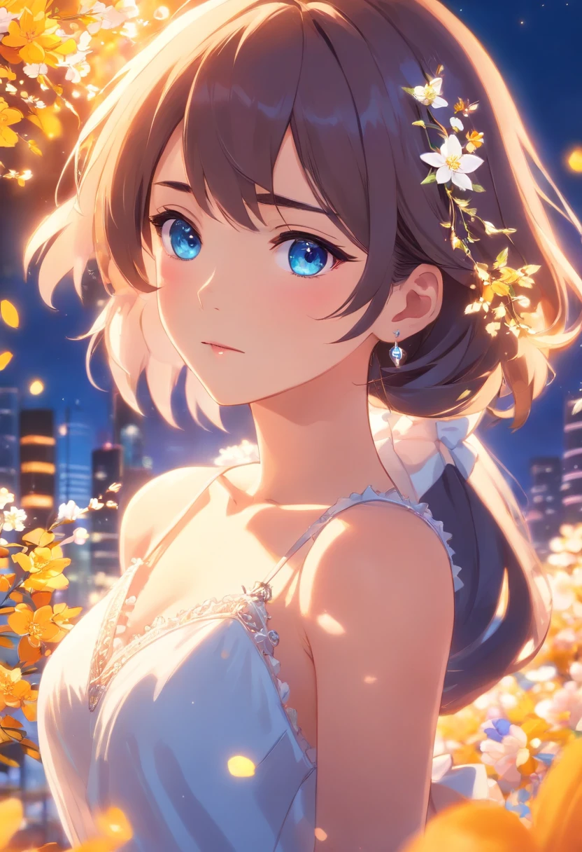 masterpiece, best quality, illustration, sax blue, platinum earrings, platinum necklace, white dress, 1girl, cute, (dynamic lighting:1.2), cinematic lighting, delicate facial features, detailed eyes, sharp pupils, realistic pupils, depth of field, bokeh, sharp focus, (hyper-detailed, bloom, glow:1.4), many small gems