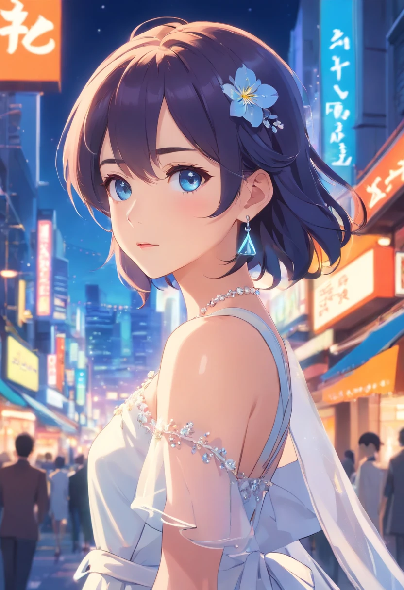 masterpiece, best quality, illustration, sax blue, platinum earrings, platinum necklace, white dress, 1girl, cute, (dynamic lighting:1.2), cinematic lighting, delicate facial features, detailed eyes, sharp pupils, realistic pupils, depth of field, bokeh, sharp focus, (hyper-detailed, bloom, glow:1.4), many small gems