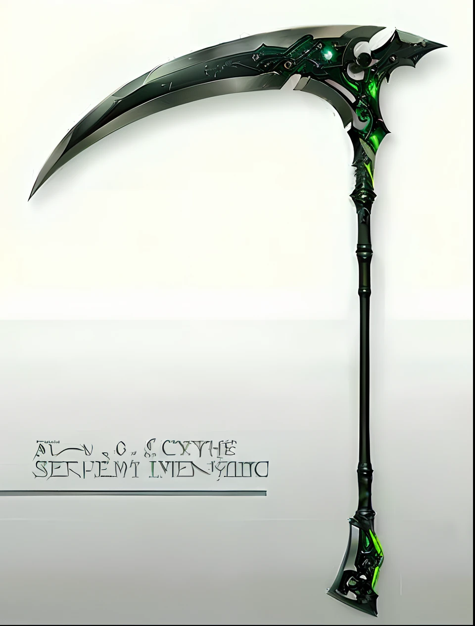 a close up of a scythe with a green light on it, scythe design, huge scythe, fantasy scythe, scythe, long detailed ornate scythe, wielding scythe, holding a scythe, epic fantasy weapon art, the grim reapper, sickle, fantasy rpg weapon art, golden art nouveau scythe blade, weapon design, scepter