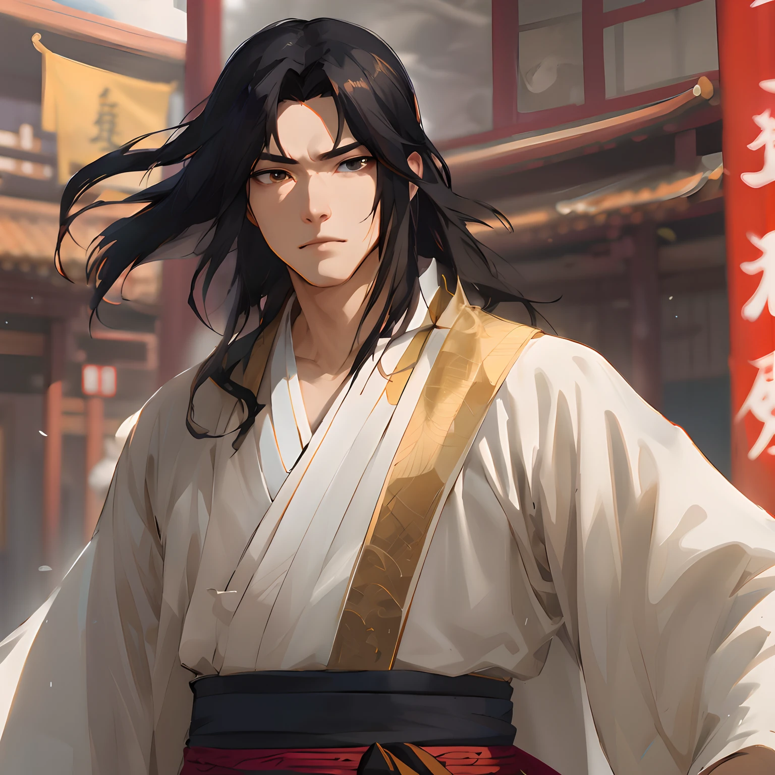 12, (1 person) (boy, (Black coat), (Black Hanfu youth), (Black hair), kingly air, gorgeous, handsome, outstanding temperament, takes a deep breath, leaving with an old man in black clothes and white hair) (Background: outside the sacred and magnificent ancient Chinese imperial palace hall)