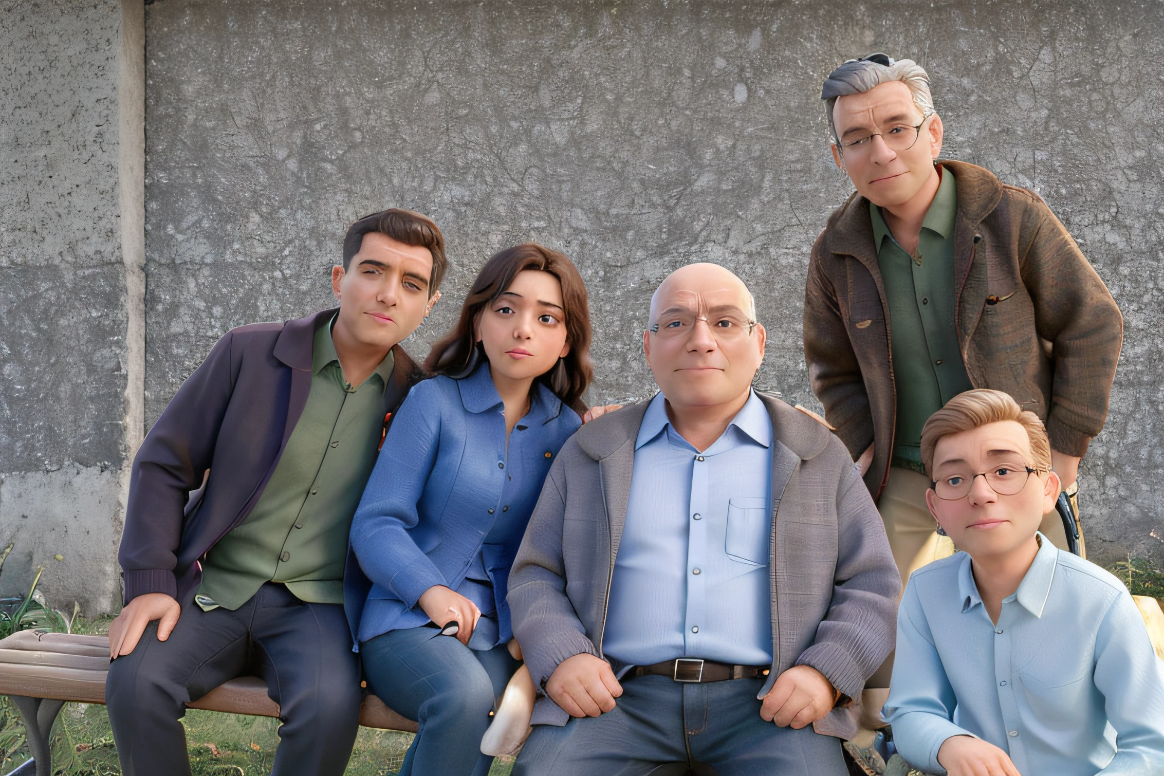 There are four people sitting on a bench together posing for a photo, Fotografia tirada em 2 0 2 0, Foto tirada em 2018, family portrait, retrato 4 / 3, taken in the early 2020s, Directed by: Géza Dósa, um grupo de pessoas, Happy family, album photo, tomada em 2 0 2 0