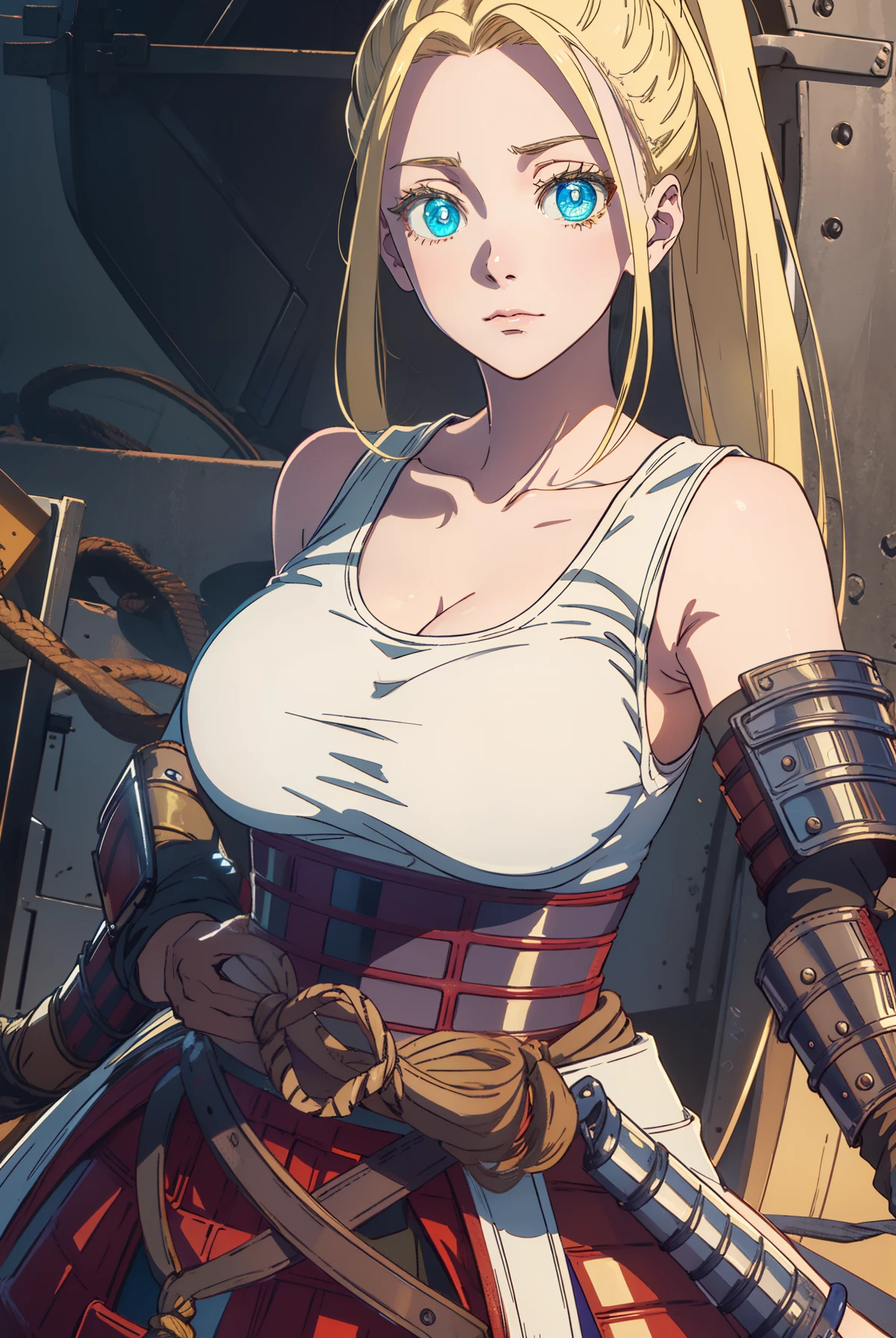 beatrixamerhauser, beatrix amerhauser, long hair, blue eyes, blonde hair, gloves, ponytail, (medium breast:1.2),
BREAK gloves, fingerless gloves, armor, japanese armor, tank top, white tank top, cleavage, collarbone,
BREAK looking at viewer,
BREAK outdoors,
BREAK (masterpiece:1.2), best quality, high resolution, unity 8k wallpaper, (illustration:0.8), (beautiful detailed eyes:1.6), extremely detailed face, perfect lighting, extremely detailed CG, (perfect hands, perfect anatomy),