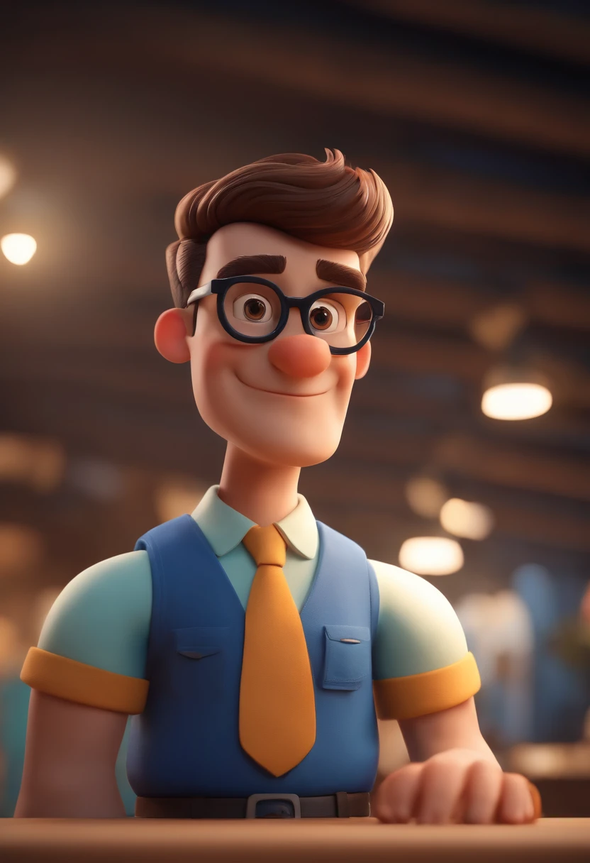 Cartoon character of a man wearing black glasses and a blue shirt, um personagem animado, Caractere estilizado, animation style rendering, 3D estilizado, Arnold Maya render, 3 d render stylized, toon render keyshot, Personagem 3D, Personagem 3D, 3d rendering stylized, 3 d character render, personagem de desenho animado, Personagem de close up, Pose de personagem, (Estilo Pixar) (master part:1.2) (Bokeh) (best quality) (pele detalhada) (textura detalhada) (8k) (argila) (Cinematic lighting) (foco nítido,Senta e vaza a parte superior do corpo