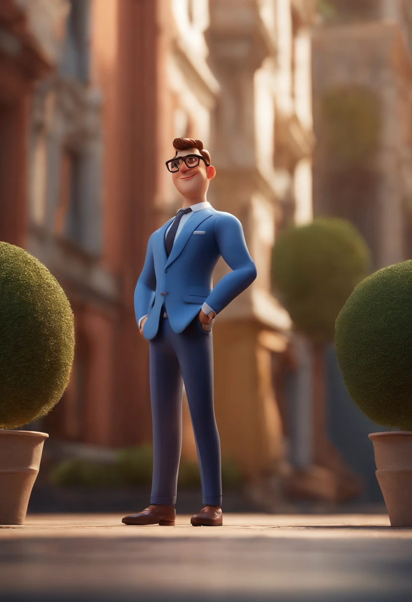Cartoon character of a man wearing black glasses and a blue shirt, um personagem animado, Caractere estilizado, animation style rendering, 3D estilizado, Arnold Maya render, 3 d render stylized, toon render keyshot, Personagem 3D, Personagem 3D, 3d rendering stylized, 3 d character render, personagem de desenho animado, Personagem de close up, Pose de personagem, (Estilo Pixar) (master part:1.2) (Bokeh) (best quality) (pele detalhada) (textura detalhada) (8k) (argila) (Cinematic lighting) (foco nítido,Senta e vaza a parte superior do corpo
