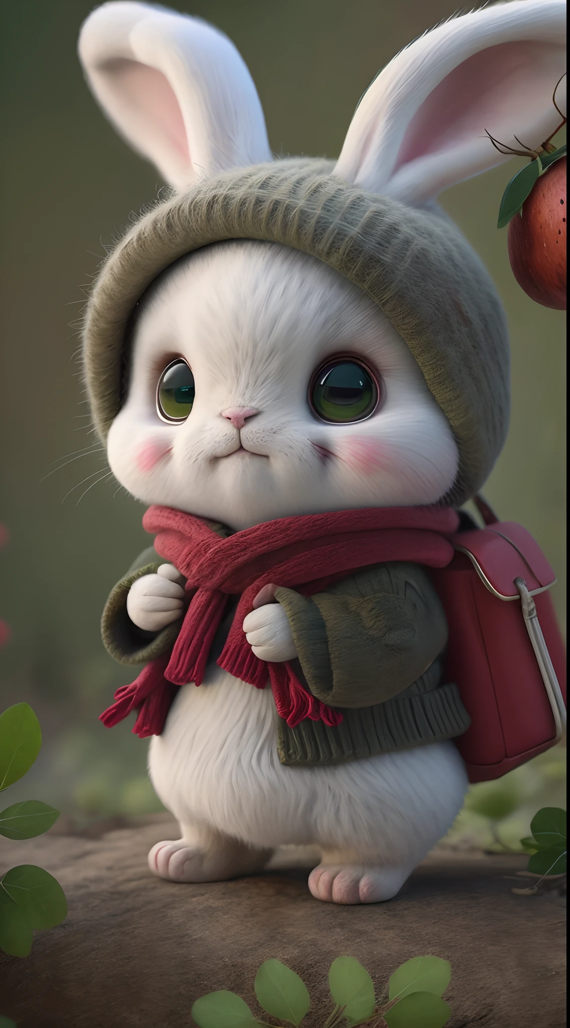 A rabbit、realisticlying、Furry animals、Be red in the face、morango、cherrie、book,food、the fruits、full bodyesbian、Green hat、Green clothes