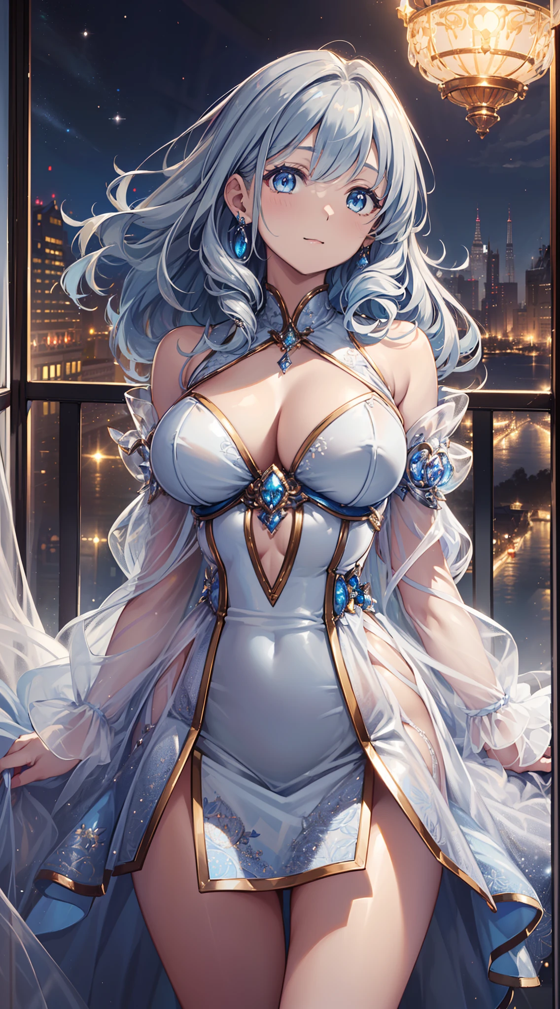 top-quality、Top image quality、tmasterpiece、8kK、Girl vs((、Best bust、Medium bust、Enchanted、Seductive posture、Light blue eyes、Breasts wide open,Slightly curly silver hair、big bast、slenderness、Great Valley、Silver luxury tight skirt、White transparent gauze garment,Reflectors))highest quality、beautiful art、Background with((luxury hotel、Night view windows)))masutepiece、visual art、depth of fields、Diamonds adorn clothes,glitters,full bodyesbian