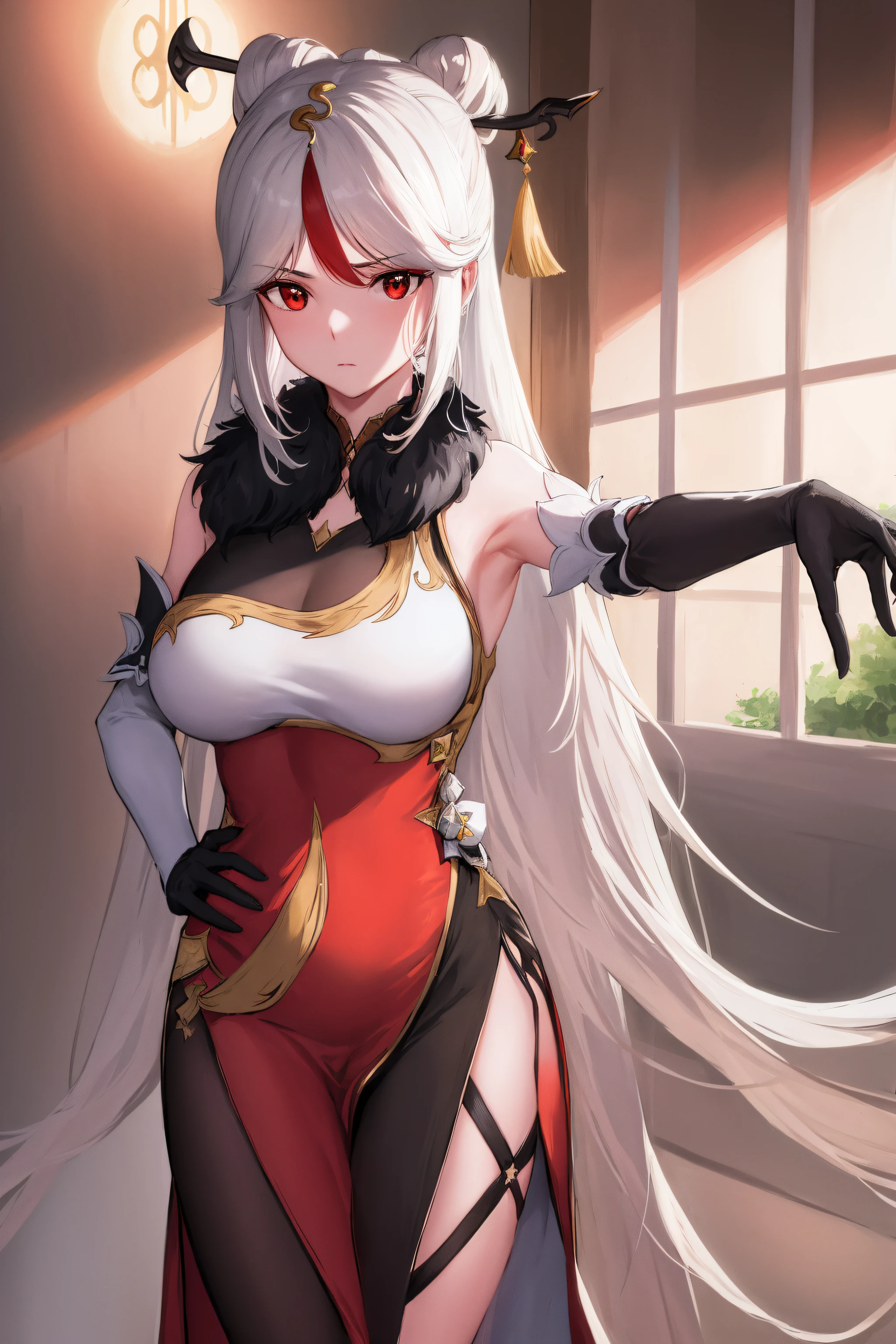 ，red capelet，Big-tailed wolf，Gray hair，blue color eyes，Female，long whitr hair