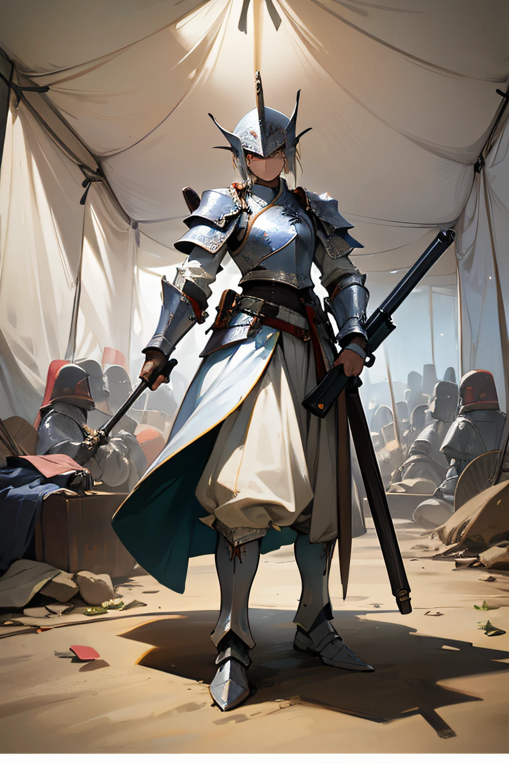 General in white,Dressed in silver armor,Long gun in hand,Glowered,In the tent,Warring States period