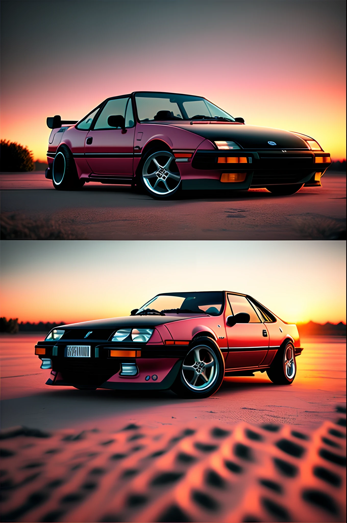 A realistic render of a 1987 black Toyota mr2 with a sunset in the background