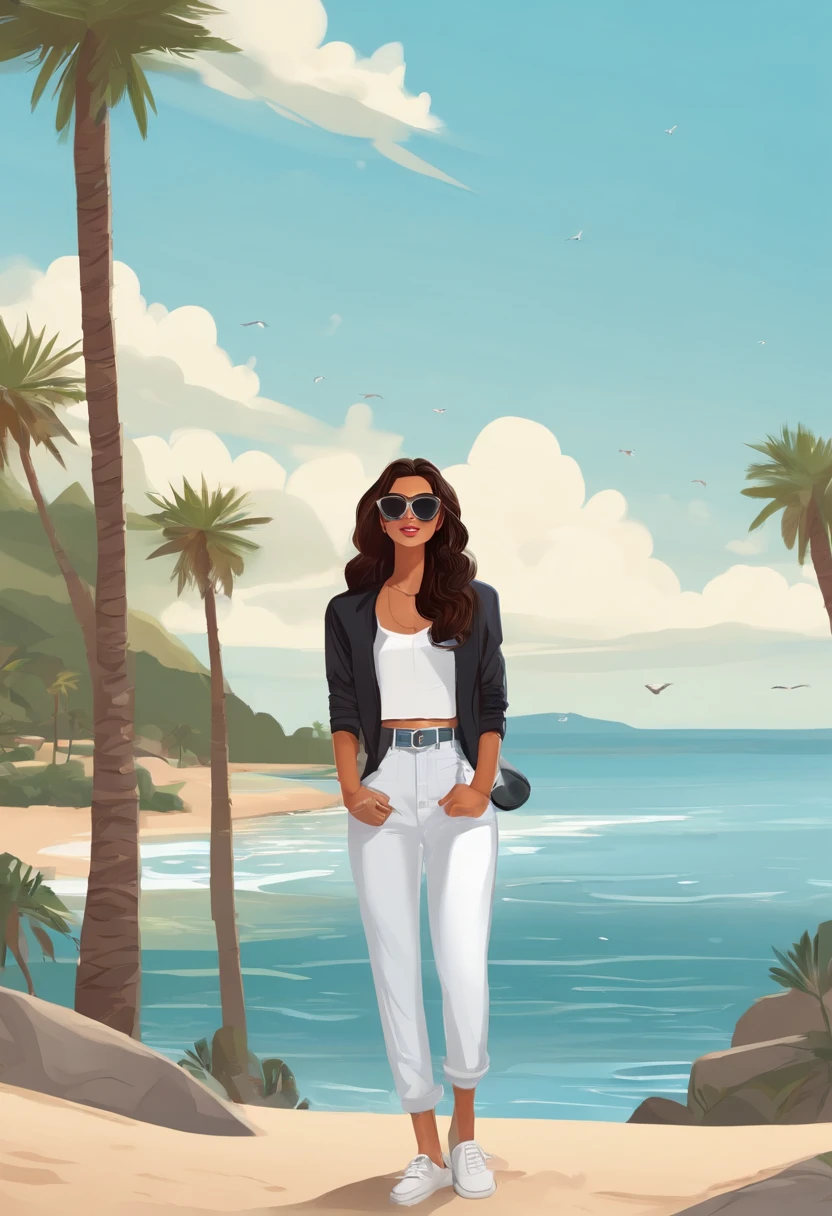 crie um catoon com as seguintes coisas: branca,wear glasses,cabelo preto,1,50 de altura.
a meninao as roupas:blusa preta manga longa e gola alta, light blue pants, White Sneakers
environment:On a beach with a sunny day and rainbows
