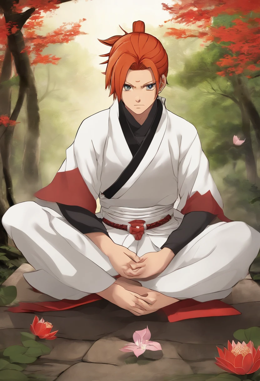 Generate an image of a -yeld mawith red hair and samurai bun hairstyle, wearing a Hidden Leaf Village headband from Naruto. He is dressed in white clothes detailed with red, displaying the Uzumaki crest. The character is sitting in a lotus position, holding a closed old scroll on his lap, next to a black and gold katana.