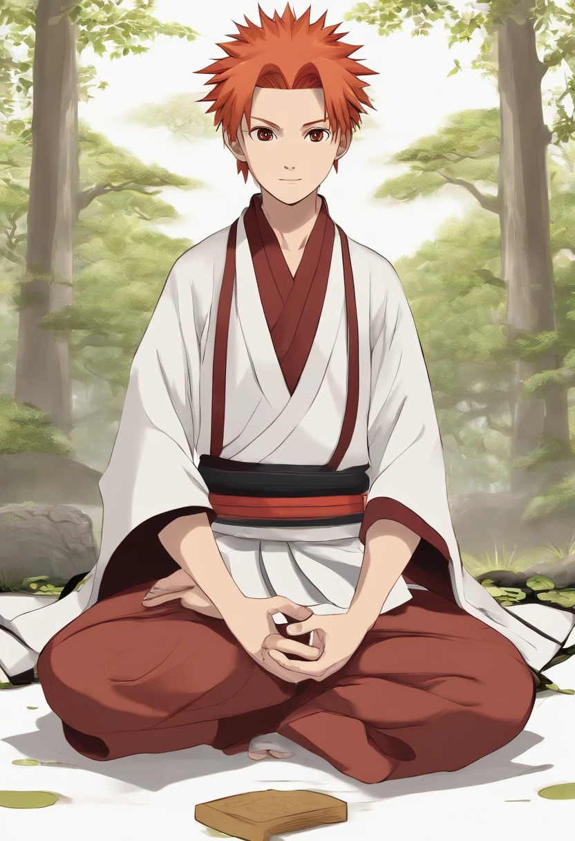 Generate an image of a -yeld mawith red hair and samurai bun hairstyle, wearing a Hidden Leaf Village headband from Naruto. He is dressed in white clothes detailed with red, displaying the Uzumaki crest. The character is sitting in a lotus position, holding a closed old scroll on his lap, next to a black and gold katana.