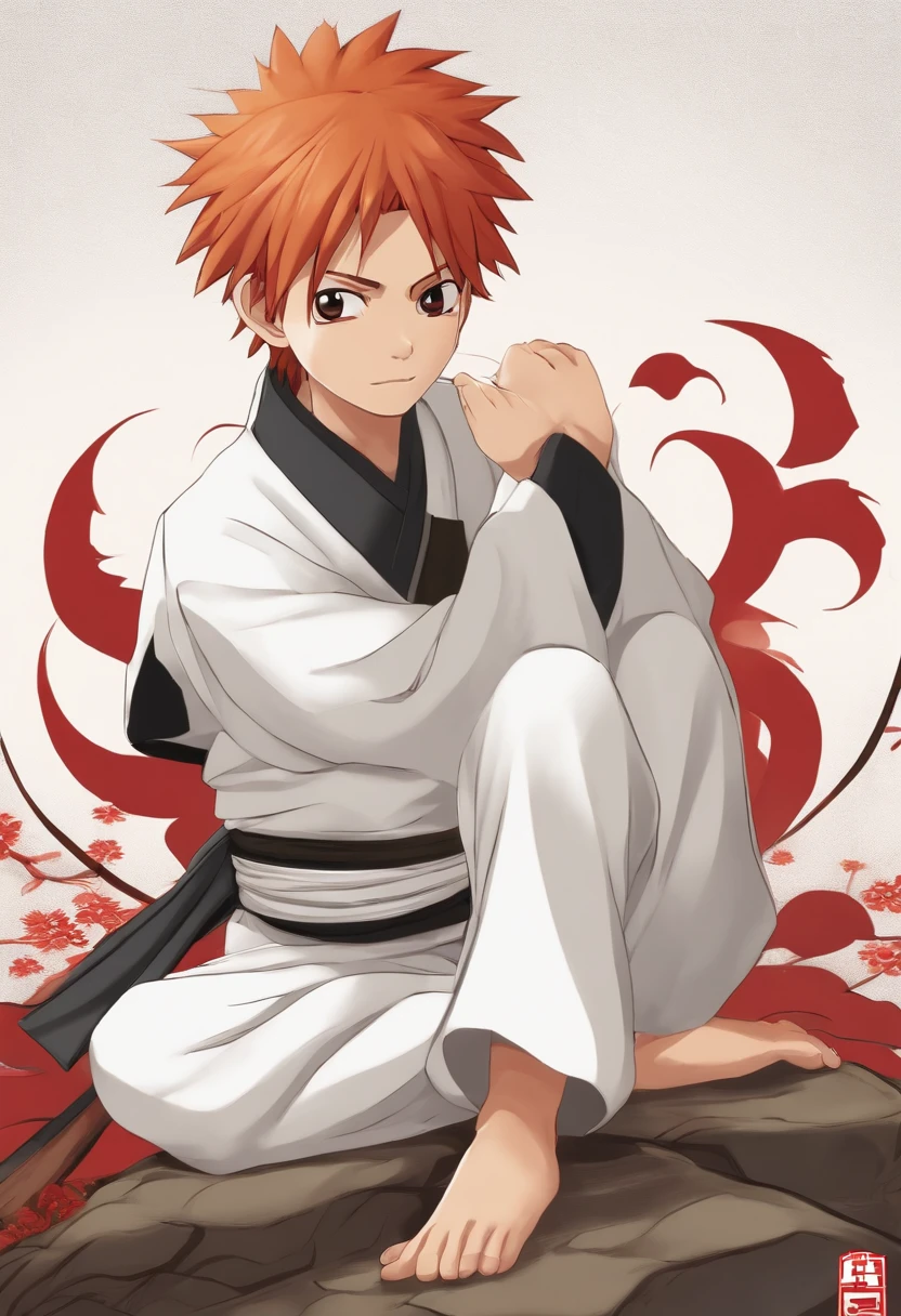 Generate an image of a 12-year-old male with red hair and samurai bun hairstyle, wearing a Hidden Leaf Village headband from Naruto. He is dressed in white clothes detailed with red, displaying the Uzumaki crest. The character is sitting in a lotus position, holding a closed old scroll on his lap, next to a black and gold katana.
