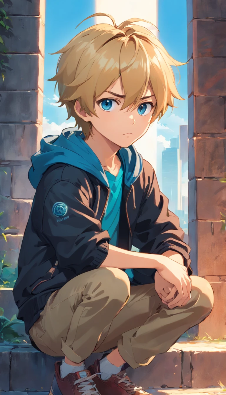 a poor little boy sitting, angry eyes, angry face, blue eye, blonde hair, detailed face,black jacket ,Like Gilgamesh, Baground gate of Babylon