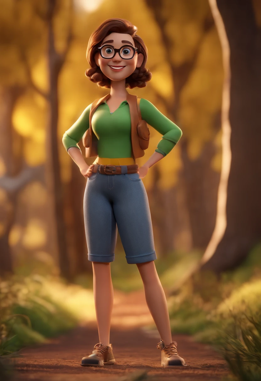 Cartoon character of a woman with glasses and a yellow shirt, black shorts, animation character, Caractere estilizado, animation style rendering, 3D estilizado, brown hair with dread, 37 years old, 3 d render stylized, toon render keyshot, Personagem 3D, Personagem 3D, 3d rendering stylized, 3 d character render, personagem de desenho animado, Personagem de close up, Pose de personagem, (Estilo Pixar) (master part:1.2) (Bokeh) (best quality) (pele detalhada) (textura detalhada) (8k) (argila) (Cinematic lighting) (foco nítido