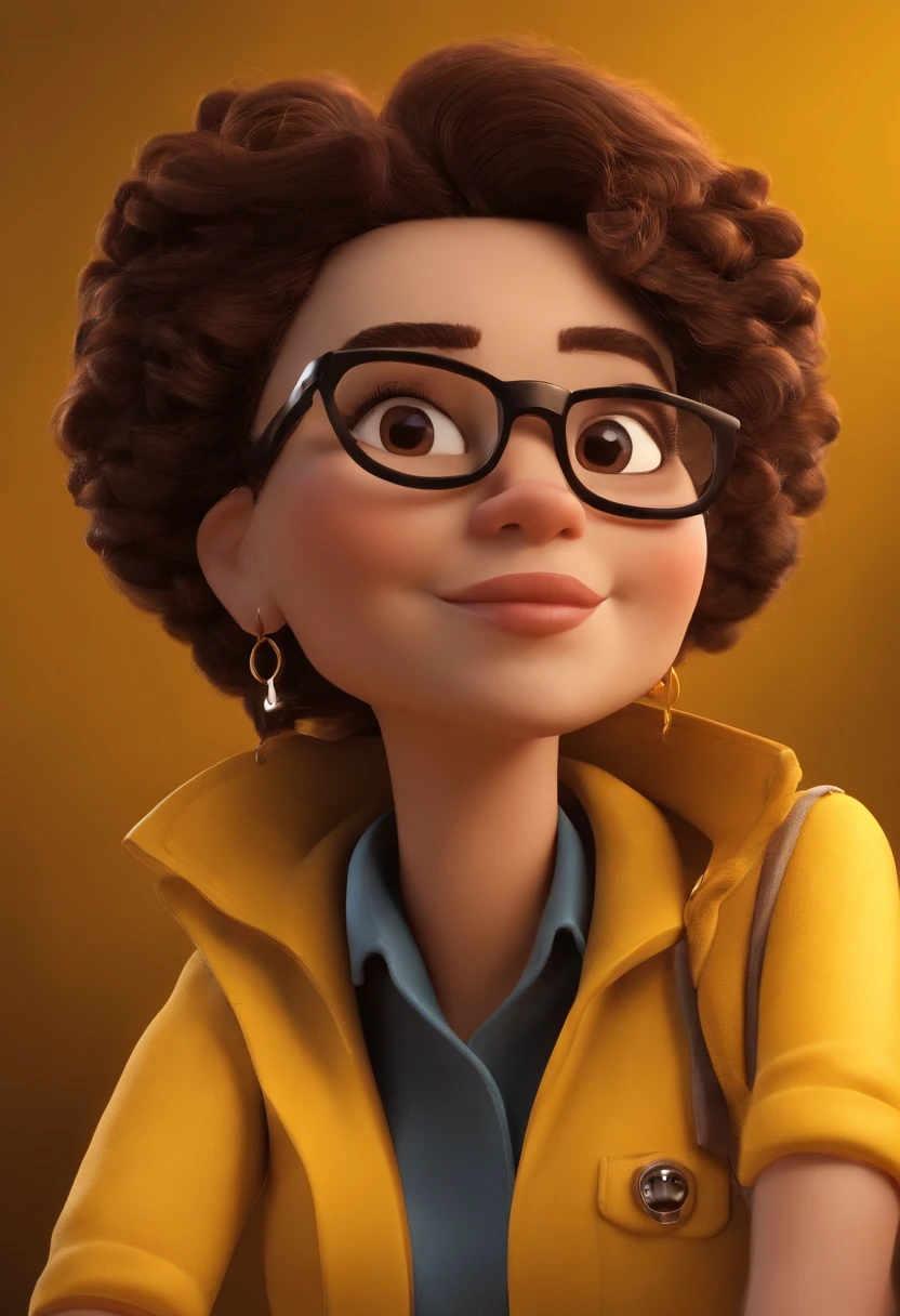 Cartoon character of a woman with glasses and a yellow shirt, black shorts, animation character, Caractere estilizado, animation style rendering, 3D estilizado, brown hair with dread, 37 years old, 3 d render stylized, toon render keyshot, Personagem 3D, Personagem 3D, 3d rendering stylized, 3 d character render, personagem de desenho animado, Personagem de close up, Pose de personagem, (Estilo Pixar) (master part:1.2) (Bokeh) (best quality) (pele detalhada) (textura detalhada) (8k) (argila) (Cinematic lighting) (foco nítido