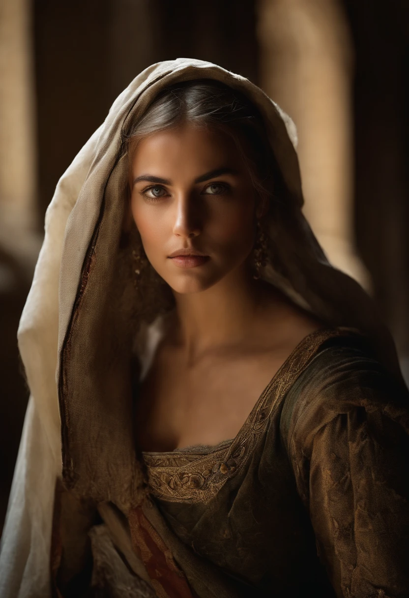 Film representation, Parte superior del cuerpo, cara, De cara a la audiencia, (Realidad :1.3), One of the most beautiful works in the world, A woman looks at the camera, Trajes medievales, (Damaged and worn-out old clothes :1.4), Hermosa cara detallada, Action Shooting, Antecedentes de la ciudad vieja, Fotos realistas, CG, Art Station