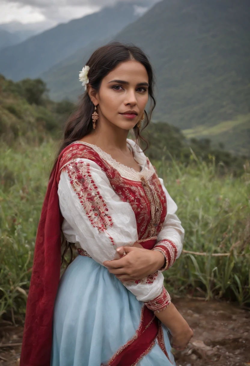 Rainy day at night, A Very Beautiful Indigenous Ecuadorian Woman, Dewdrops fall down his face, He's squatting in the middle of a traditional square, She is posing as a model in the background with snow-capped mountains and vegetation, She wears a native indigenous dress from Quito and her blouse is white and a long light blue skirt with lace, su cabello corto y alrededor tiene arreglos florales de geranios rojos