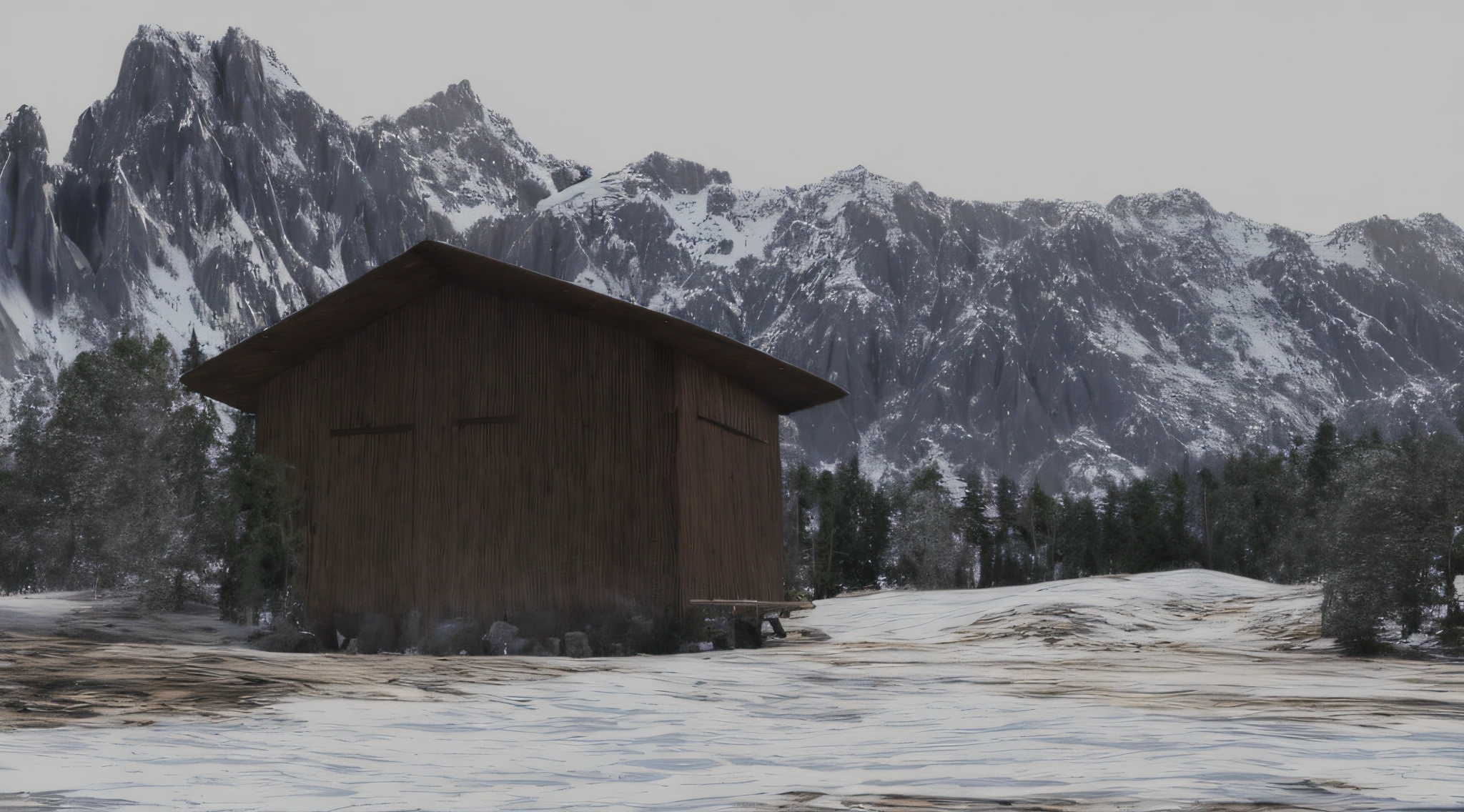 Snowy mountain with a small hut in the foreground, rendered in unreal 5, With a snowy mountain and ice, Beautiful visualization of the landscape, Snowy mountain landscape, snow mountain, Matte painting with 3D rendering, rendered in Enscape, Rendered in Cryengine, Рендеринг в Unreal Engine 3D, in the snow mountains, 3D rendering and matte painting, Wooden hut in the distance