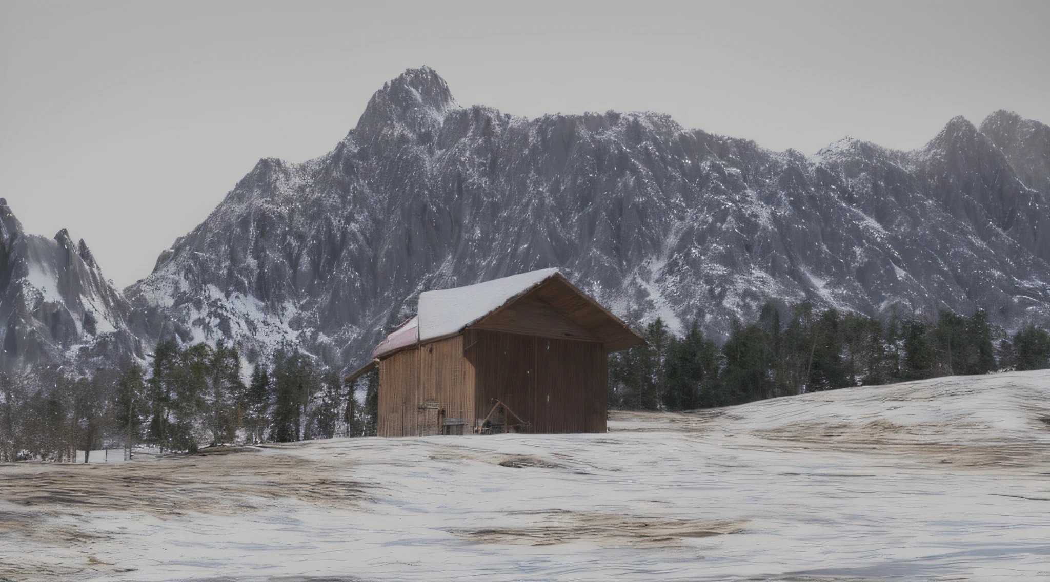 Snowy mountain with a small hut in the foreground, rendered in unreal 5, With a snowy mountain and ice, Beautiful visualization of the landscape, Snowy mountain landscape, snow mountain, Matte painting with 3D rendering, rendered in Enscape, Rendered in Cryengine, Рендеринг в Unreal Engine 3D, in the snow mountains, 3D rendering and matte painting, Wooden hut in the distance