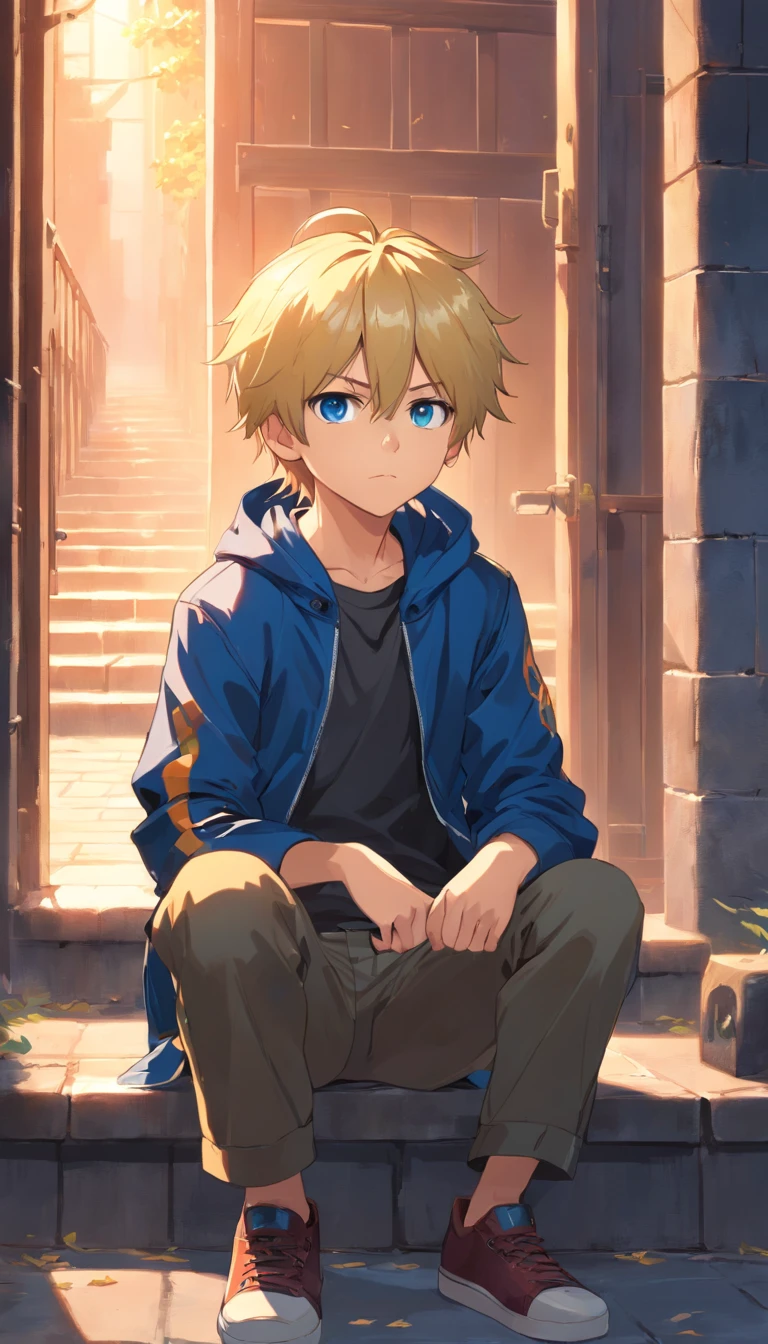 a sitting, angry eyes, angry face, blue eye, blonde hair, detailed face,black jacket ,Like Gilgamesh, Baground gate of Babylon, Chain