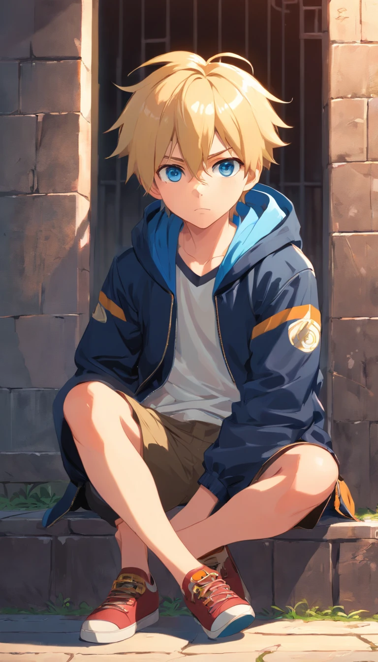 a poor little boy sitting, angry eyes, angry face, blue eye, blonde hair, detailed face,black jacket ,Like Gilgamesh, Baground gate of Babylon, Chain