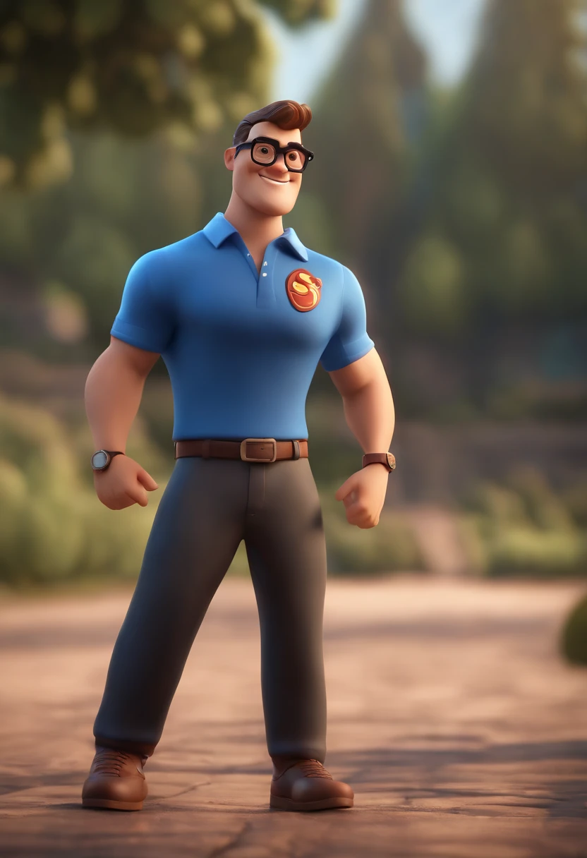 Cartoon character of a man wearing black glasses and a blue shirt, um personagem animado, Caractere estilizado, animation style rendering, 3D estilizado, Arnold Maya render, 3 d render stylized, toon render keyshot, Personagem 3D, Personagem 3D, 3d rendering stylized, 3 d character render, personagem de desenho animado, Personagem de close up, Pose de personagem, (Estilo Pixar) (master part:1.2) (Bokeh) (best quality) (pele detalhada) (textura detalhada) (8k) (argila) (Cinematic lighting) (foco nítido，Senta e vaza a parte superior do corpo