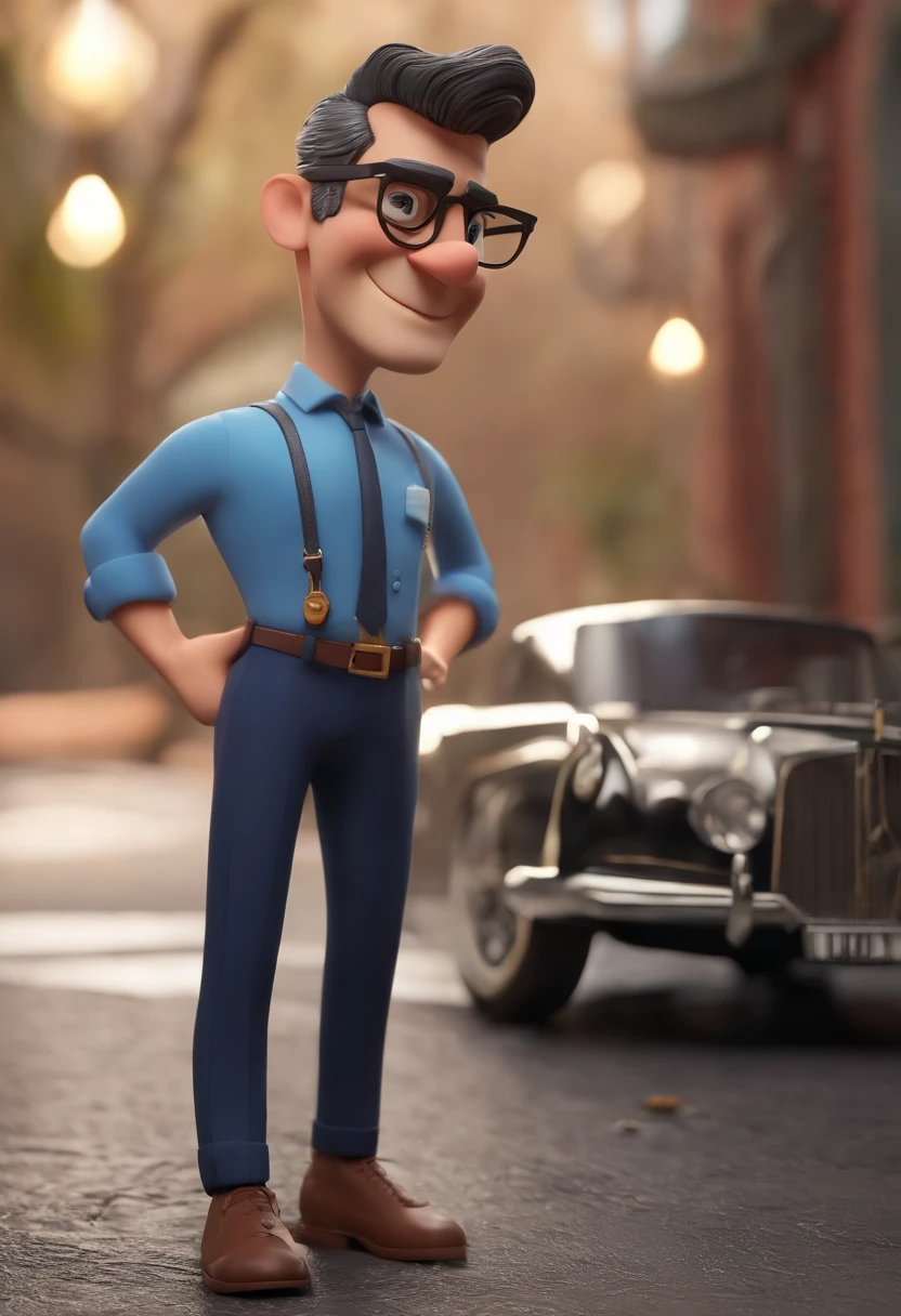 Cartoon character of a man wearing black glasses and a blue shirt, um personagem animado, Caractere estilizado, animation style rendering, 3D estilizado, Arnold Maya render, 3 d render stylized, toon render keyshot, Personagem 3D, Personagem 3D, 3d rendering stylized, 3 d character render, personagem de desenho animado, Personagem de close up, Pose de personagem, (Estilo Pixar) (master part:1.2) (Bokeh) (best quality) (pele detalhada) (textura detalhada) (8k) (argila) (Cinematic lighting) (foco nítido,Senta e vaza a parte superior do corpo
