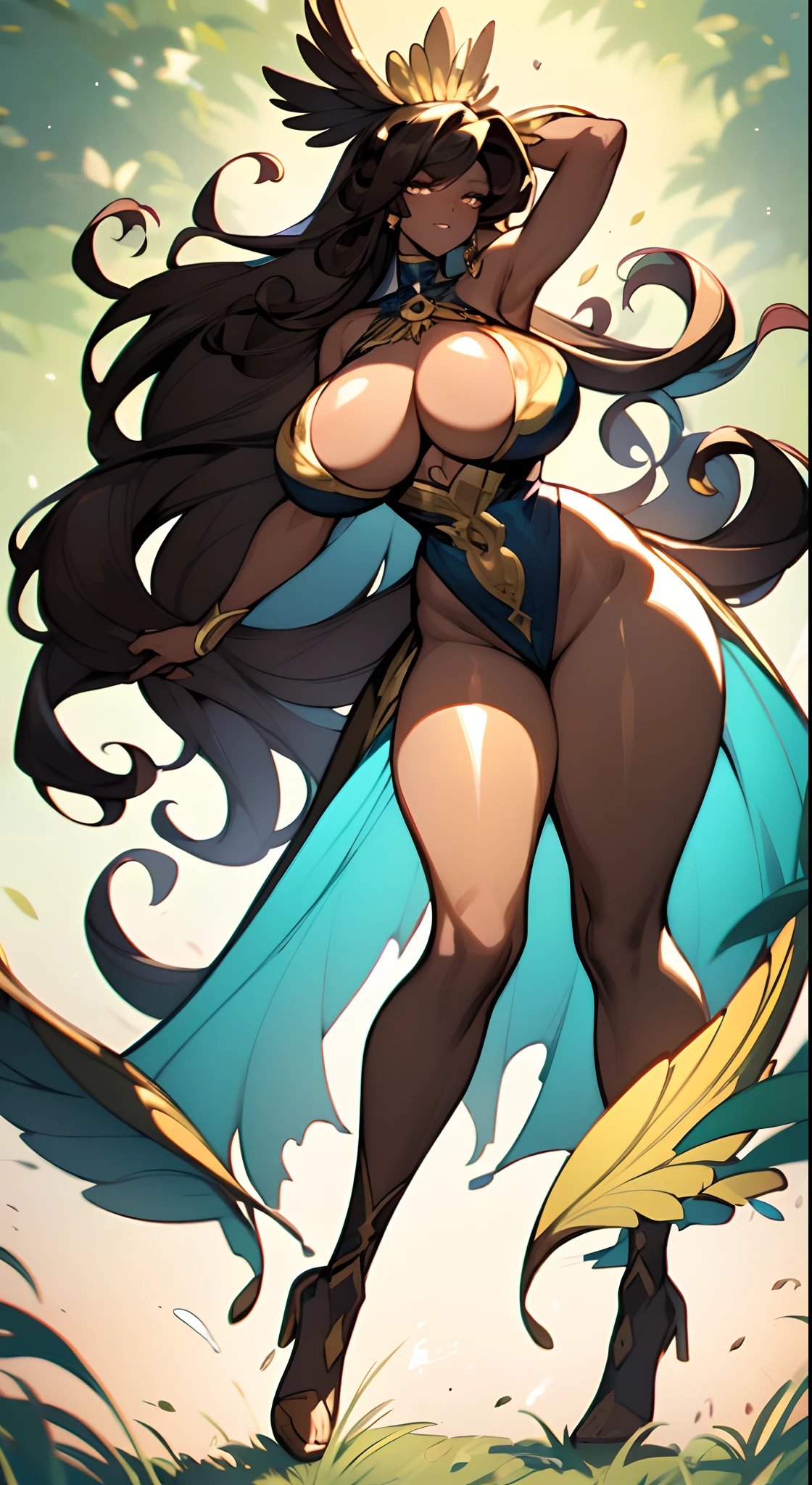 (dark brown skin:1.4), Wild Xavante India, extreme tanned skin, extreme long black straight hair messes over naked boobs, huge macaw blue parrot feather headdress, big cheeks, long legs, curvy, indigenous yellow and green breast painting, breast painted blue and yellow, indigenous yellow and green facial painting, huge macaw blue parrot feather necklace, honey eyes, full body image centered around the buxom young miller's exceptionally attractive with big breast and reavling exposed cleavage with wide hips and narrow waist and exuding an alluring and voluptuous physique that radiates warmth and sensuality, gisele bundchen, cheerfull and happy expression on her face, beautiful lips,detailed large eyes, Her eyes are a striking and inviting feature, realistic body details scar and fracture, extreme abnormally huge boobs, erotic fantasy, The image evokes feelings of sensuous eroticism, te and tranquil flower princess with soft hair dancing in the wind and intricately braided. Her sweet face has puffy, kissable lips and stunning, highly realistic eyes, hires eyes, 8k eyes, beautiful detail eyes, realistically shaded eyes, and realistic eyes in vibrant colors. She is wearing delicately detailed colourful fabric of gossamer silk and satin, midst of the most beautiful meadow in the world and is surrounded by beautiful flowers of varying sizes and colors, with delicate flowers dancing in the wind and creating a dynamic and compelling image