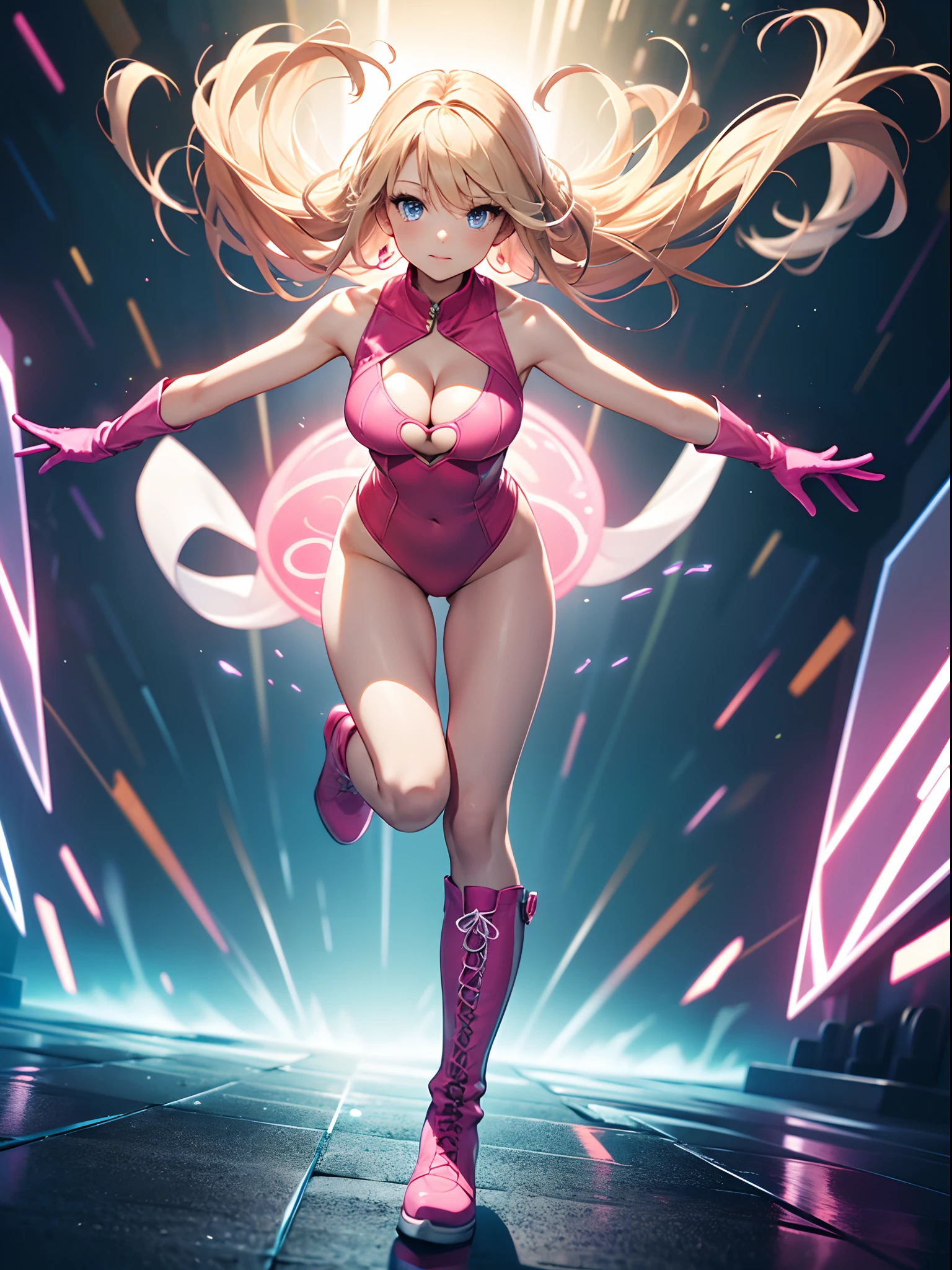((masterpiece)), ((best quality)), ((highres)), 1girl, solo, leotard, bare legs, matching boots, sleeveless, looking at viewer, light particles, city backdrop, perfect hands, perfect eyes, perfect leotard, perfect legs, perfect arms, perfect fingers, medium breasts, pink leotard, spinning, blonde hair, long hair, knee boots, blue eyes, heart cutout, cute face, hair down, bangs, sleeveless, pink gloves, pink footwear, cleavage cutout, superhero, super speed, light swirls around her body, time travel, super spin, spinning around, whirlwind spin, atom, solo, spread arms, cyclone spinning