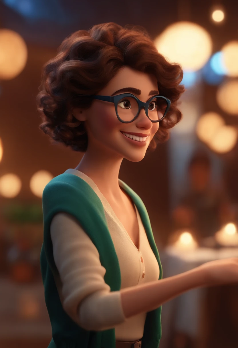 Pixar style image with 3D character white glasses brunette woman short curly hair dancing, Maquiagem Disney,Pescador, bonitinho, sorridente ,Close-up, Pixar, Disney, Cinema lighting,