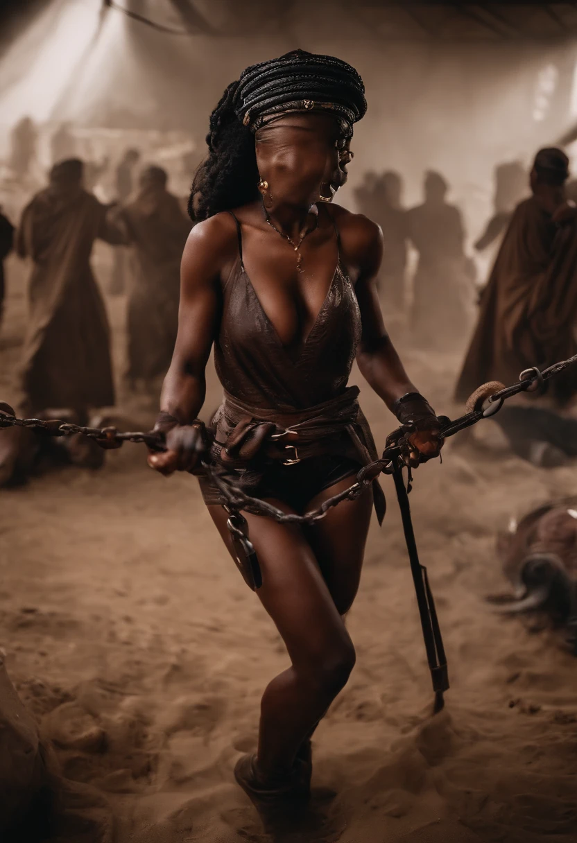 Captured male soldiers,Be covered in blood,Covered in urine,kneels on the ground,musculous,Black inch,bareness,Rags block the genitals,humiliating,hands tied behind her back,Bound by chains,Forced by the enemy to drink urine,Intoxicated expression,flowingwater, Wet with all over the body