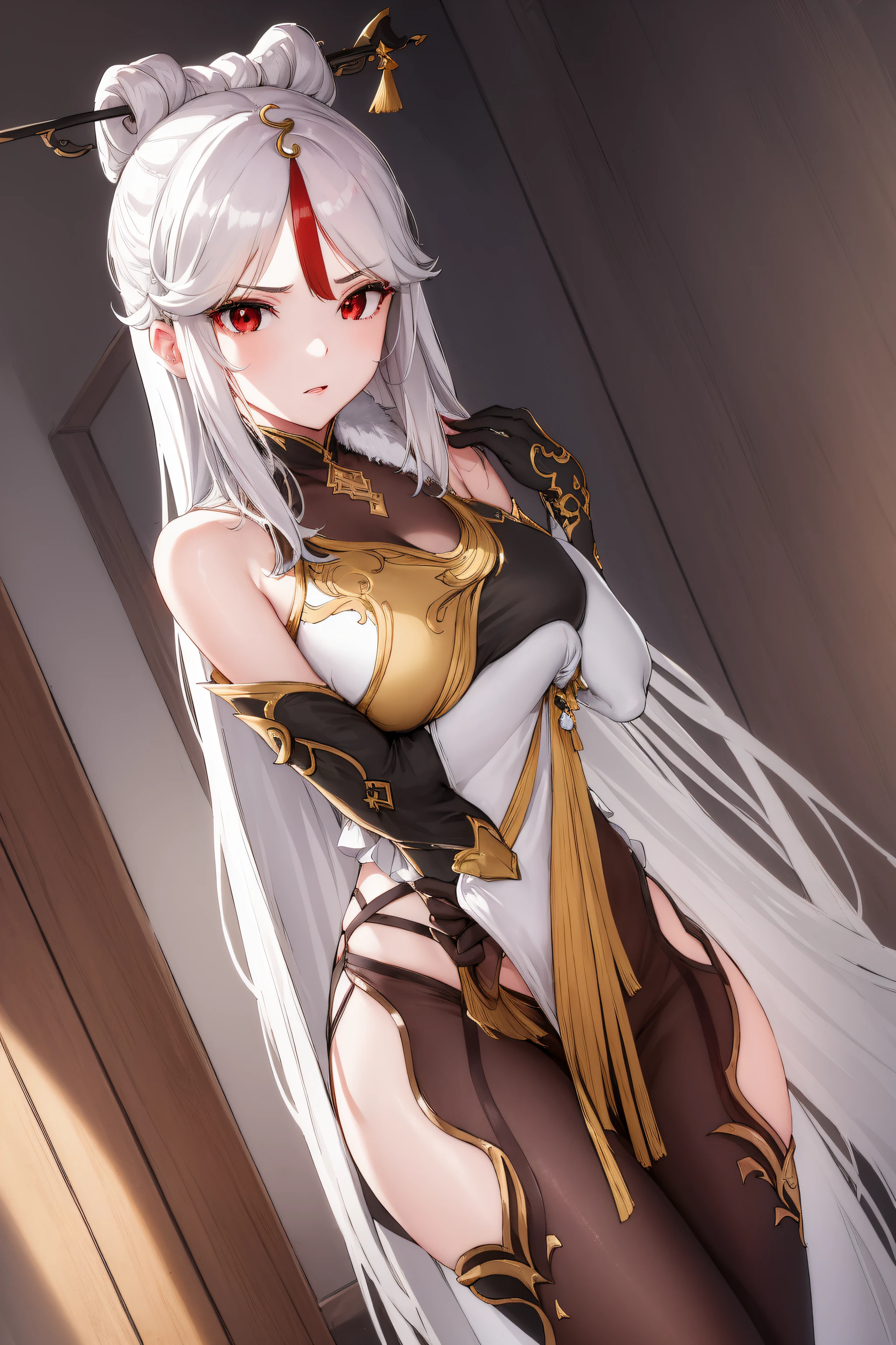 1women,milf,ningguang, ningguang, grey hair, hair ornament, hairpin, long hair, parted bangs, (red eyes:1.5), sidelocks, streaked hair, red hair,medium breast,
BREAK bare shoulders, black gloves, chinese clothes, claw ring, detached sleeves, dress, elbow gloves, frilled sleeves, frills, fur collar, gloves, jewelry, pelvic curtain, sleeveless, sleeveless dress, white dress,
BREAK looking at viewer, full body, (cowboy shot:1.5),left hand on hip, angry, pov,
BREAK indoors,
BREAK (masterpiece:1.2), best quality, high resolution, unity 8k wallpaper,NSFW ,(illustration:0.8), (beautiful detailed eyes:1.6), extremely detailed face, perfect lighting, extremely detailed CG, (perfect hands, perfect anatomy),