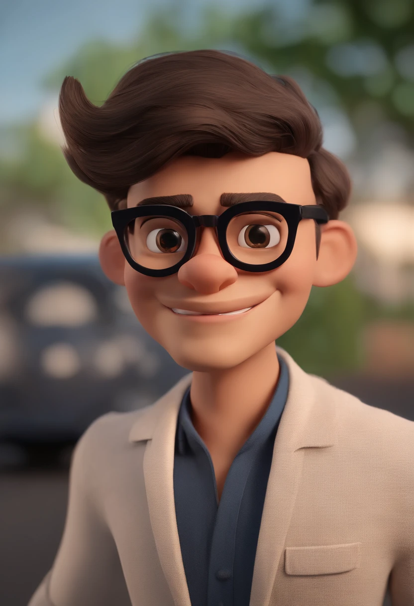 Cartoon character of a man wearing black glasses and a blue shirt, um personagem animado, Caractere estilizado, animation style rendering, 3D estilizado, Arnold Maya render, 3 d render stylized, toon render keyshot, Personagem 3D, Personagem 3D, 3d rendering stylized, 3 d character render, personagem de desenho animado, Personagem de close up, Pose de personagem, (Estilo Pixar) (master part:1.2) (Bokeh) (best quality) (pele detalhada) (textura detalhada) (8k) (argila) (Cinematic lighting) (foco nítido,Senta e vaza a parte superior do corpo